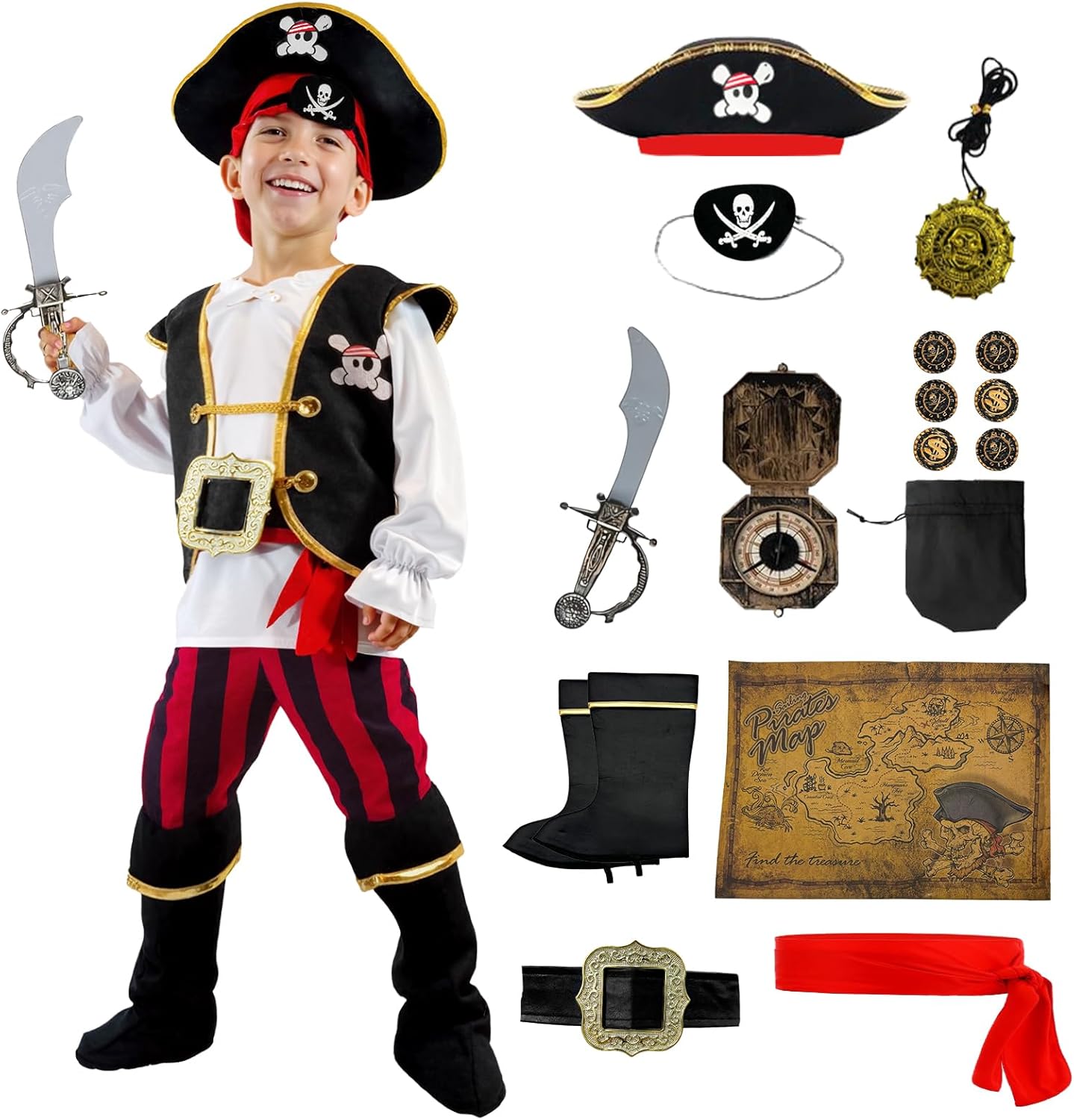 Pirate Costume for Kids,Halloween Boys Pirate Outfit with Accessories Cosplay Party Dress Up Themed Party