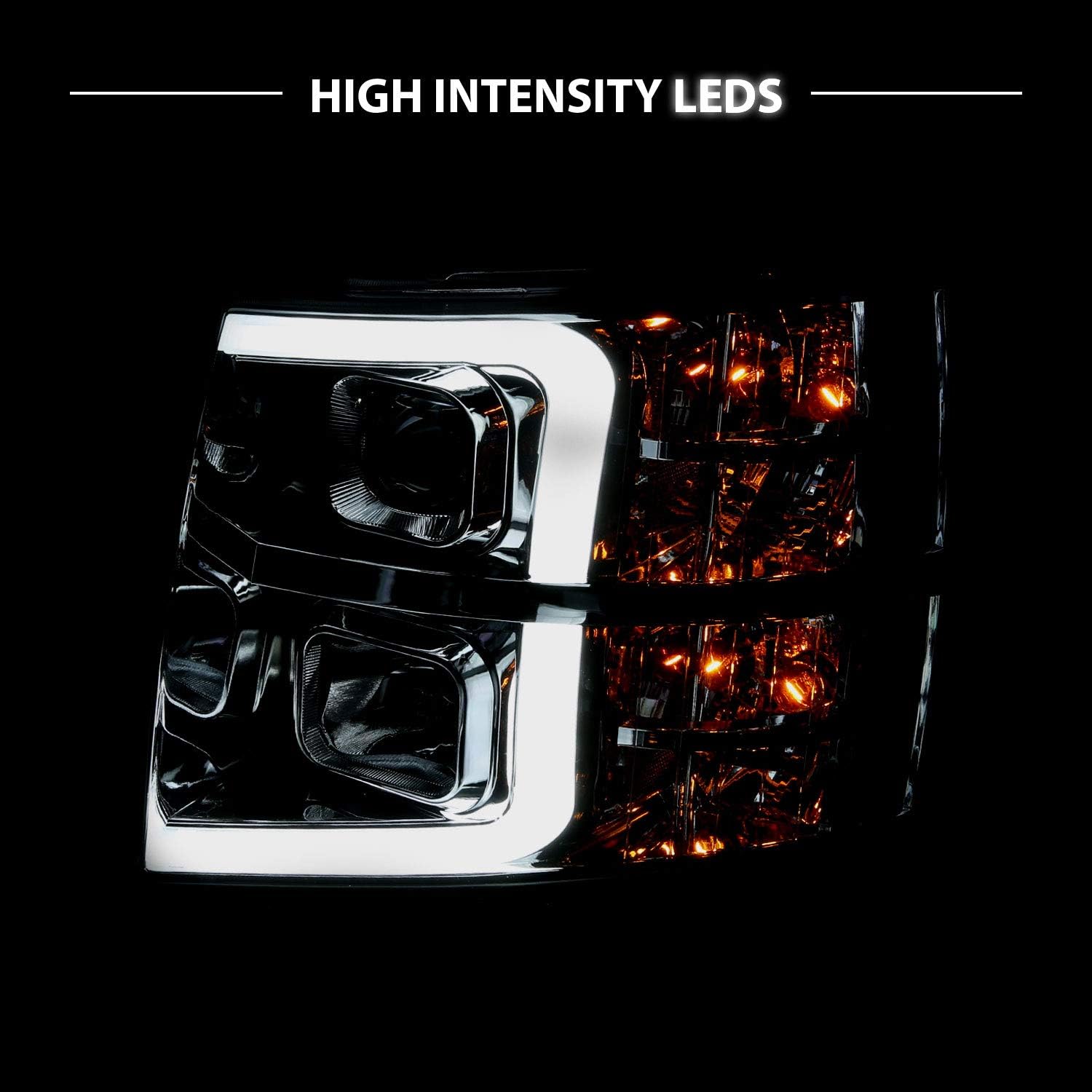AmeriLite For 2007-2013 Chevy Silverado 1500/07-14 Silverado 2500HD 3500HD Led, Halogen, Tube Quad Projector Chrome Car Headlights Set - Passenger and Driver Side, Vehicle Light Assembly, Chrome