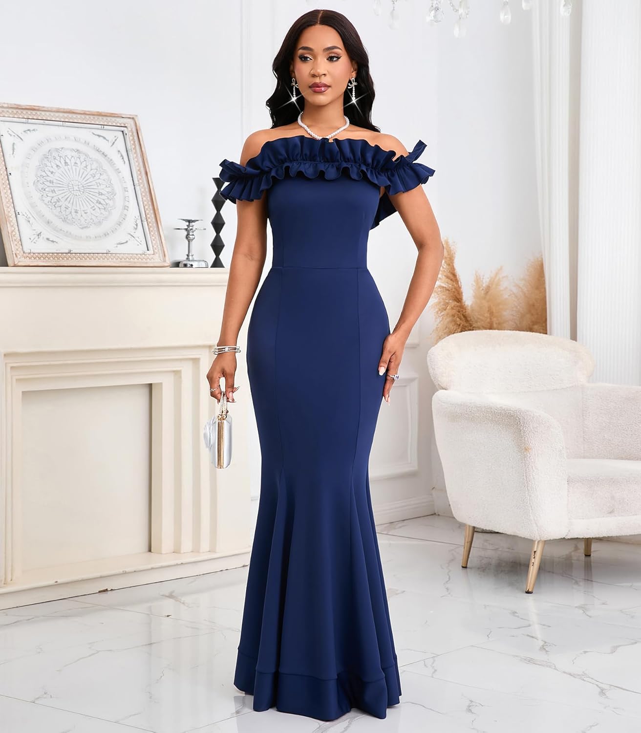 Cololura Sexy Floor-Length Off Shoulder Ruffles Stringy Selvedge Mermaid Bodycon Party Evening Maxi Dress - Image 3