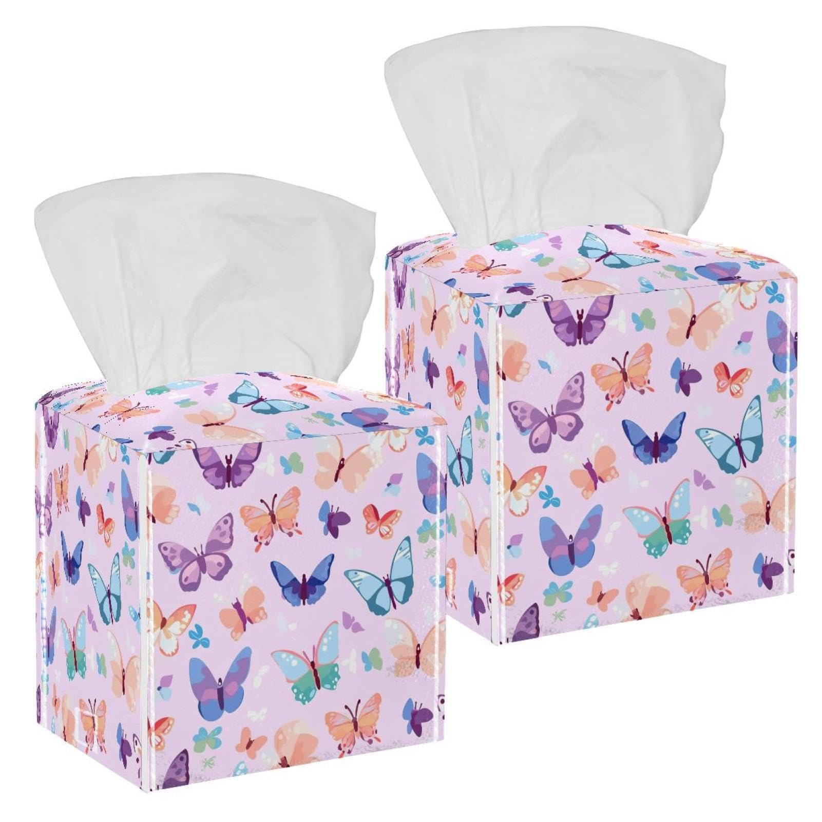 Aesthetic Butterfly Tissue Box Cover, 2 Pack PU Leather Square Facial Tissue Dispenser Box holder for Home Office Car