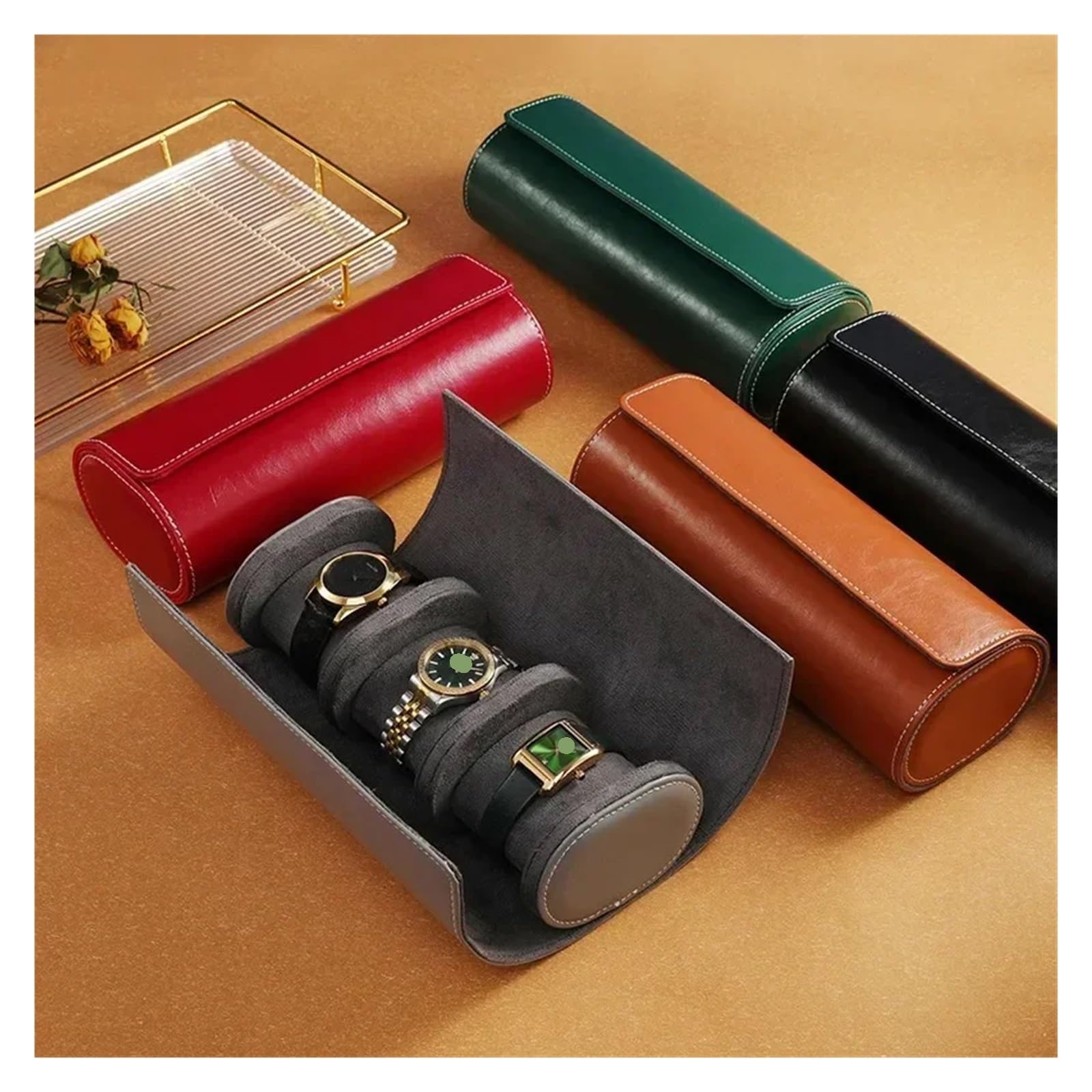 Aufbewahrungstasche für Uhren Uhrenbox, Uhrenetui, Uhrentasche, Organizer, klassische Reiseaufbewahrung, Ledertasche, aus PU-Leder, tragbares for die Reise(Gray 1 Bits)