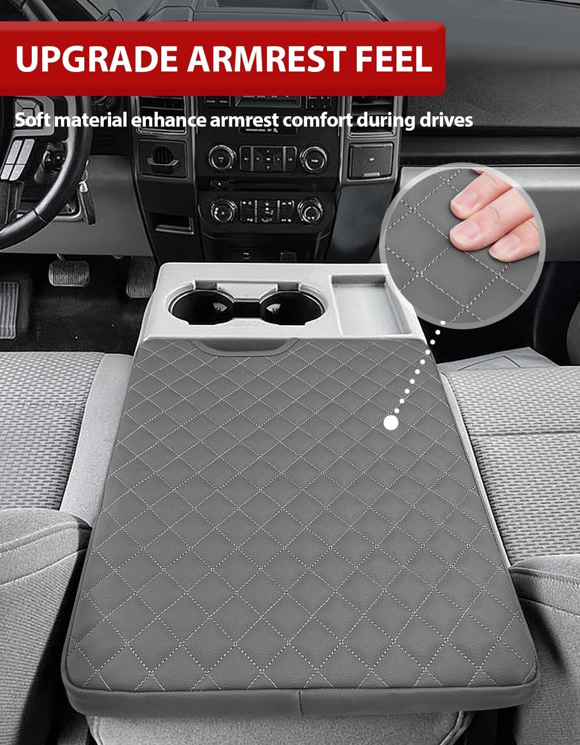 KBH Center Console Armrest Cover for 2015-2025 Ford F150, 2017-2025 F250 F350-F550, with 40/20/40 Jump Seat, Middle Console Protector, Vinyl Leather Interior Accessories, Anti-Scratch, Gray