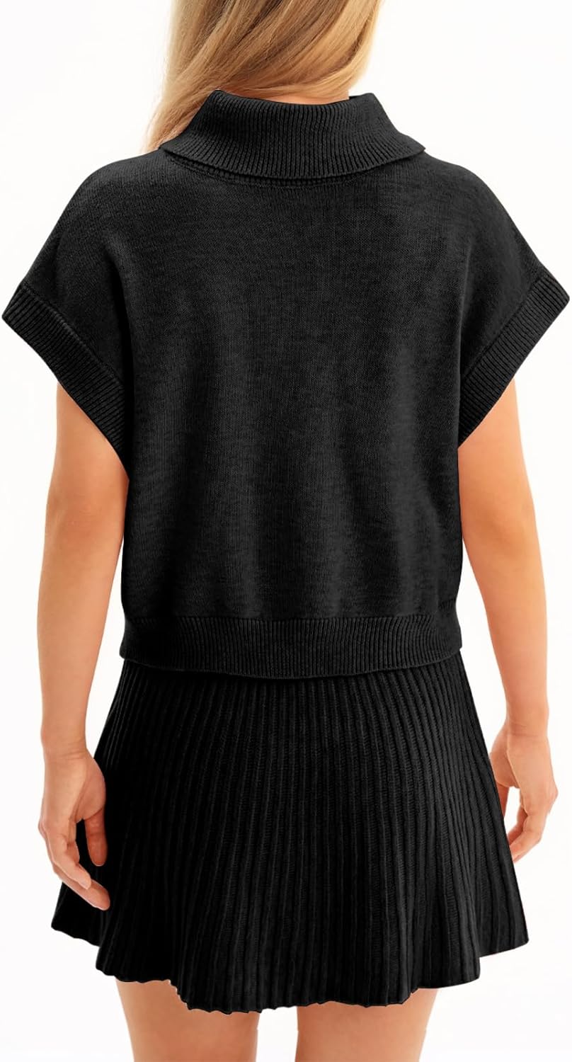 Tankaneo Womens Skirt 2 Piece Sets Sweater Set 2025 Turtleneck Cap Sleeve Crop Top and Pleated Mini Skirt Travel Outfits - Image 5