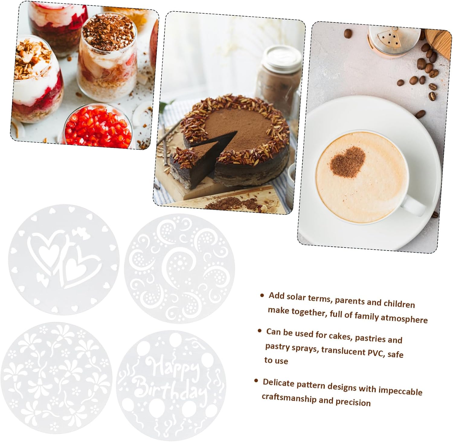 8pcs Cake Stencils and Coffee Art Templates Set for Latte and Dessert Decorating, Hollow Out Cake Art Stencils for Baking and Coffee Bar Use