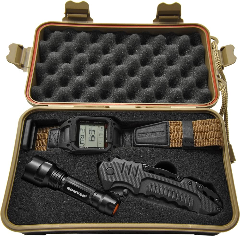 Humvee HMV-RCN-RM1 Recon Mission Kit with Digital Watch, Knife and Tactical LED Flashlight, Black and Tan)