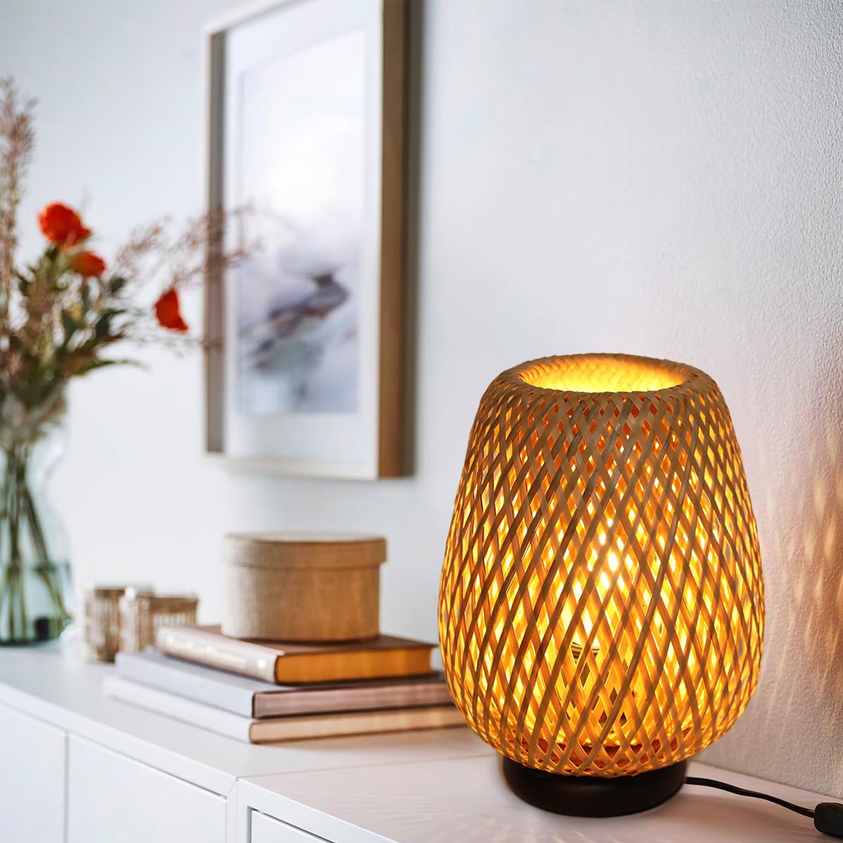 Lampadaire Design Abat-jour Osier Bambou Alpinaluz - Structure Métal Noir - Culot E27 - Salon Chambre F001-BK