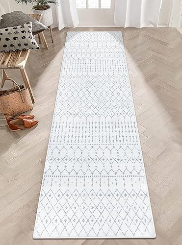 LIVEBOX Alfombra bohemia de 2.5 x 8 pulgadas, lavable, alfombra larga para baño, antideslizante, color blanco y gris, alfombra marroquí de pelo bajo