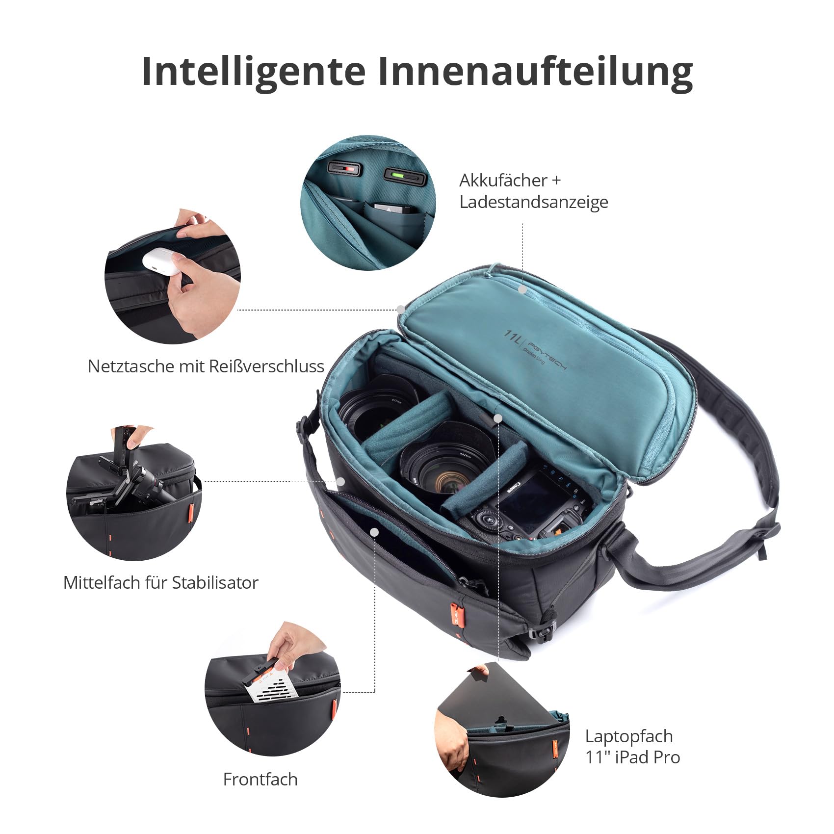PGYTECH OneMo Sling Kameratasche 11L-13L, wasserdichte Fototasche Kamera-Umhängetasche Herren Schultertasche, SLR Tasche für Sony/Canon/Nikon/DJI Mini 4 Pro/Avata 2/Mavic/Stativ/Laptop, Schwarz