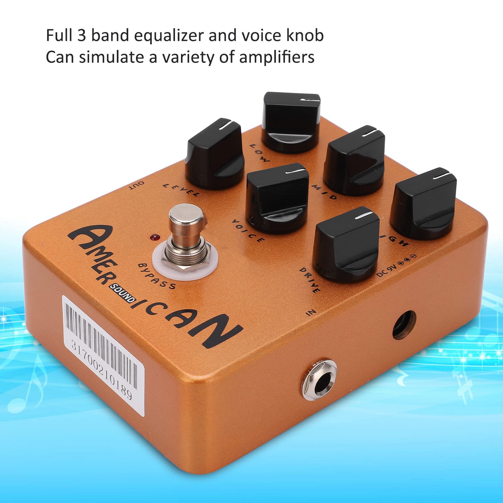 LiebeWH Pedal Simulador de Altavoz y Gabinete para Guitarra Eléctrica, Efectos de Amplificador con 6 Perillas Ajustables (Bajo, Medio, Alto, Nivel, Voz, Drive), Carcasa de Metal Dorada