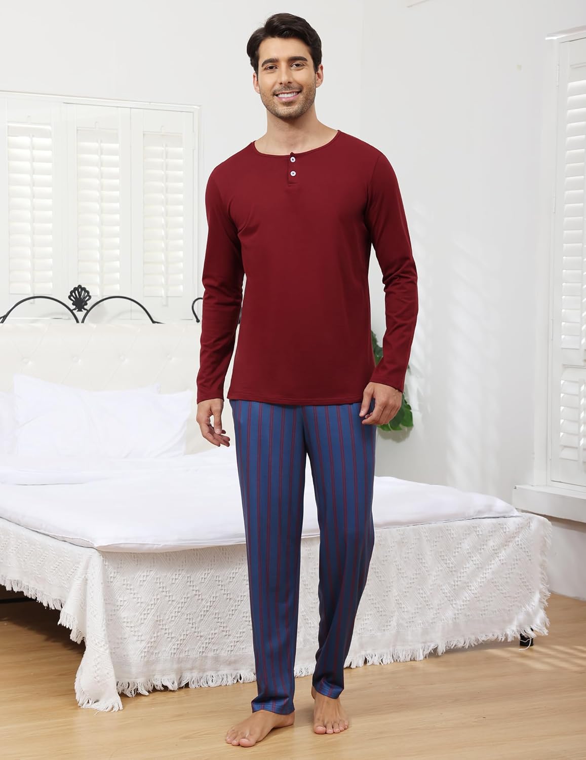 Mens Pajamas Set Cotton Long Sleeve Pjs Set with Stripes Pants Soft Comfy Lounge Men's Nightwear Set with Pockets - Image 8