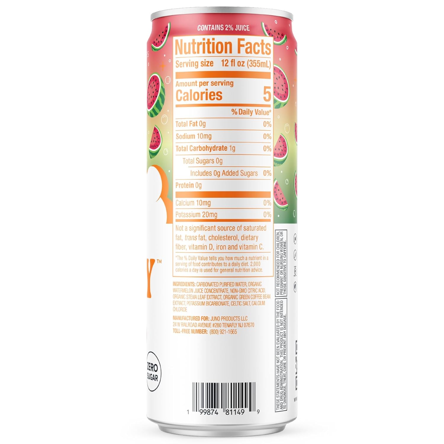 JUNO ENERGY Organic Watermelon Sparkling Energy Drink - Sugar Free, Energizing and Hydrating with 125mg Organic Caffeine from Green Coffee Beans, Stevia, Organic Watermelon Juice & Electrolytes - Vegan, Gluten Free, 12 Pack