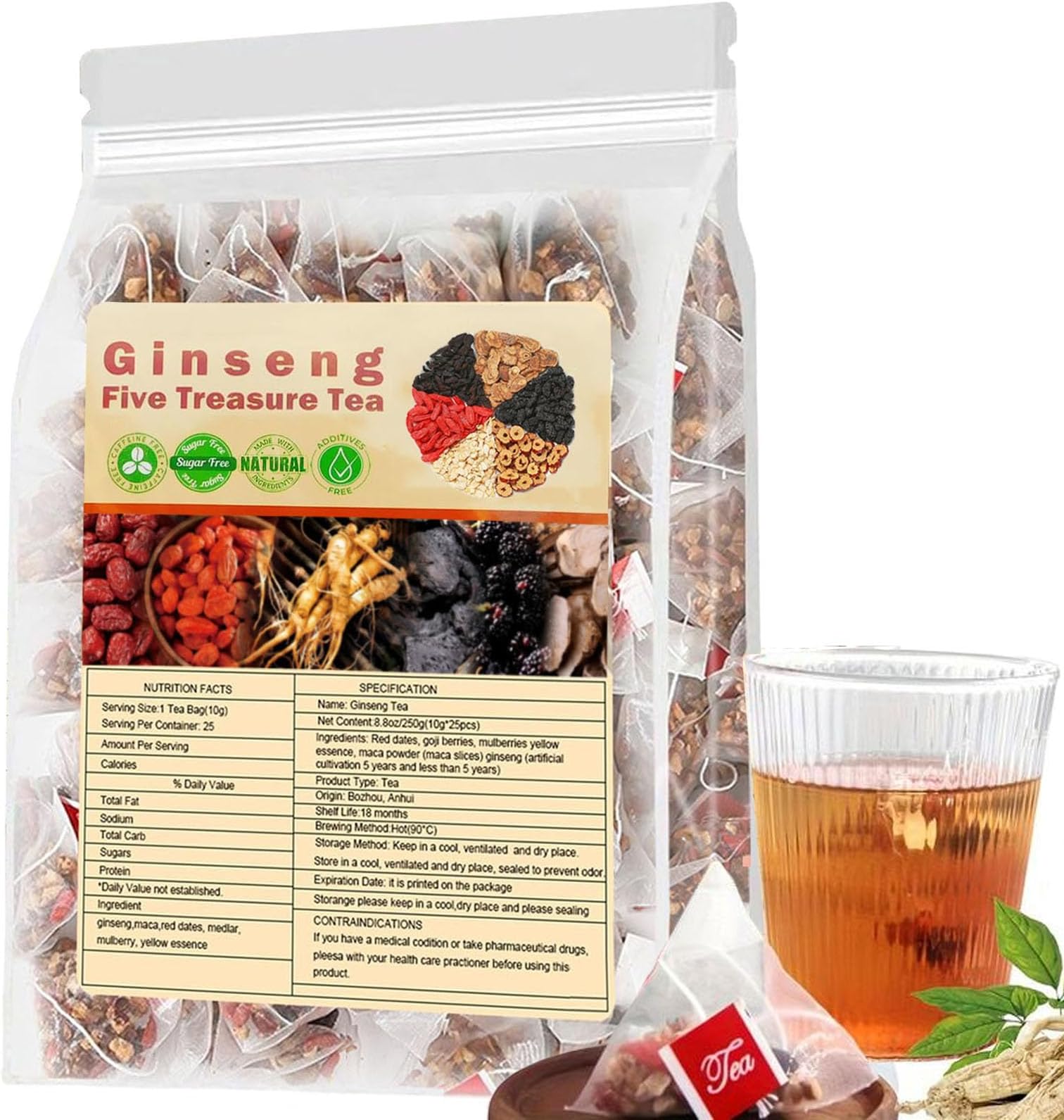 Ginseng Five Treasure Tea - Kidney Tea Formula Ginseng Five Treasure Wubao Herbal Cleanse Chinese Teas for Men Women (1Pack(25Bags))