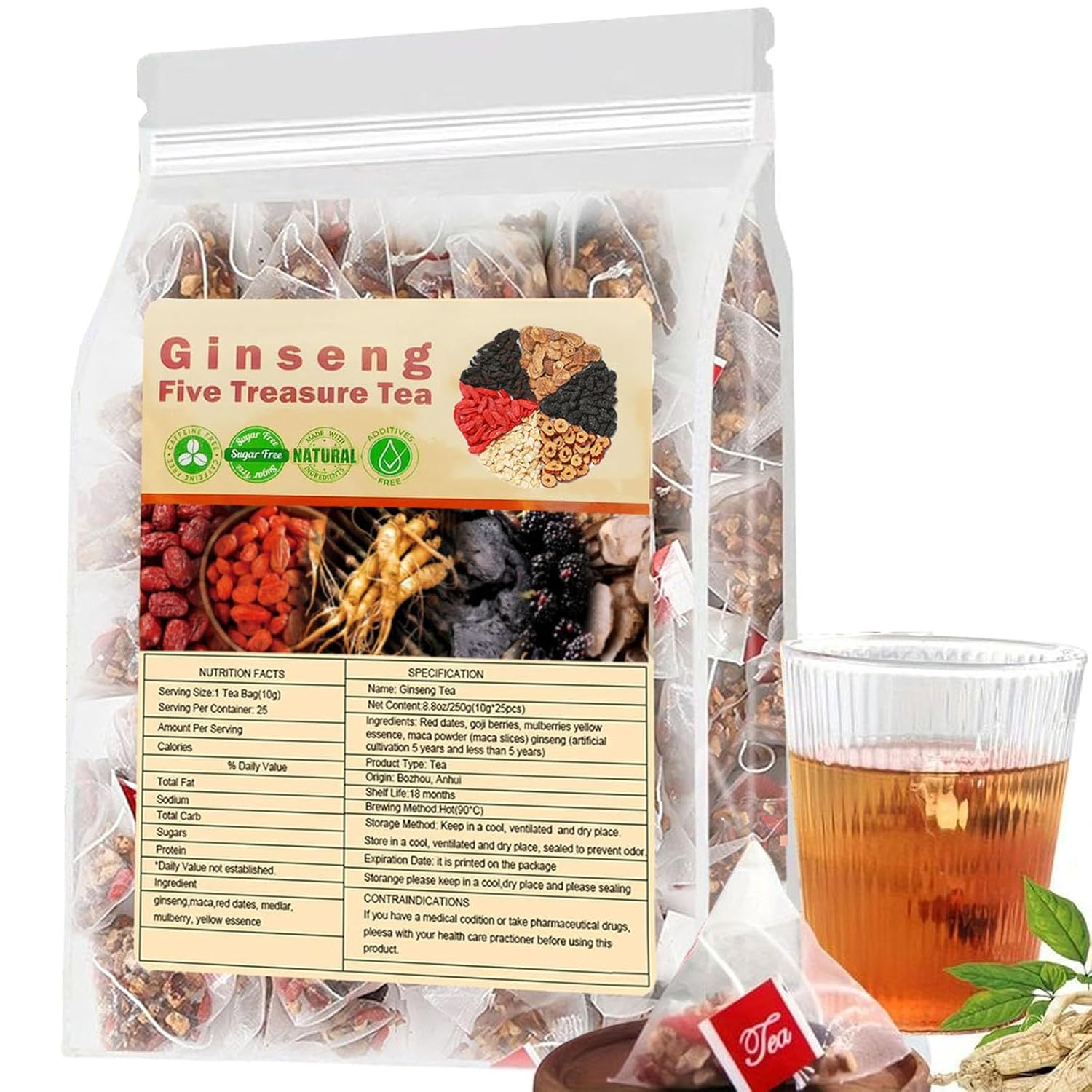 Ginseng Five Treasure Tea – Kidney Tea Formula Ginseng Five Treasure Wubao Herbal Cleanse Chinese Teas for Men Women (1Pack(25Bags))