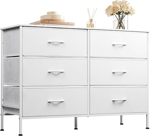 Miniatura 12 de WLIVE Cómoda para dormitorio con 6 cajones, cómoda ancha para TV de 50 pulgadas, con cajones de tela, marco de metal, parte superior de madera,