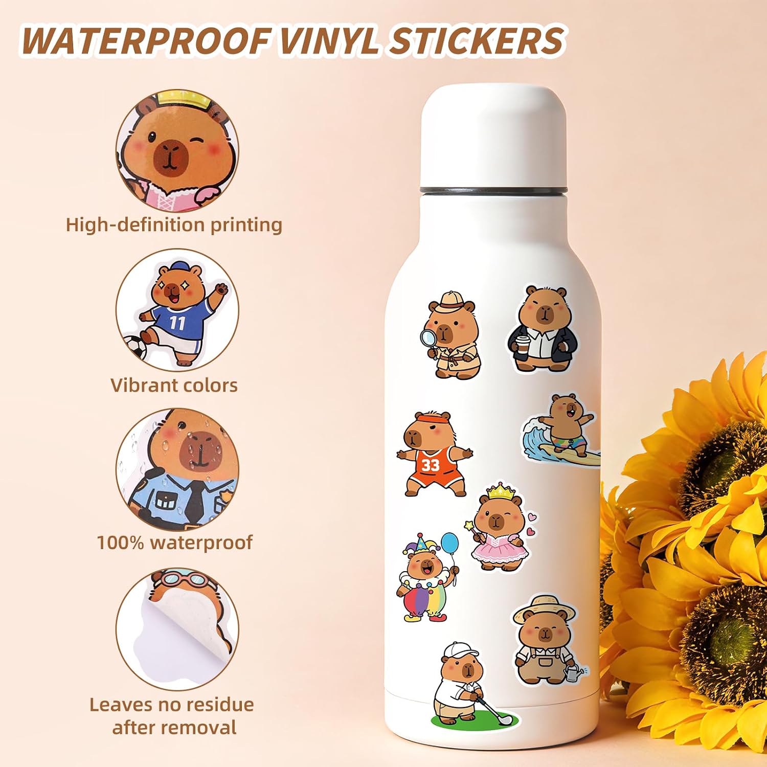 50pcs Capybara Stickers, Cute Kawaii Decal Vinyl Waterproof Animal Sticker for Laptop Water Bottle Luggage for Girls Kids Teens Classroom Prizes Gifts Stuff Things Party Favors Birthday Decorations