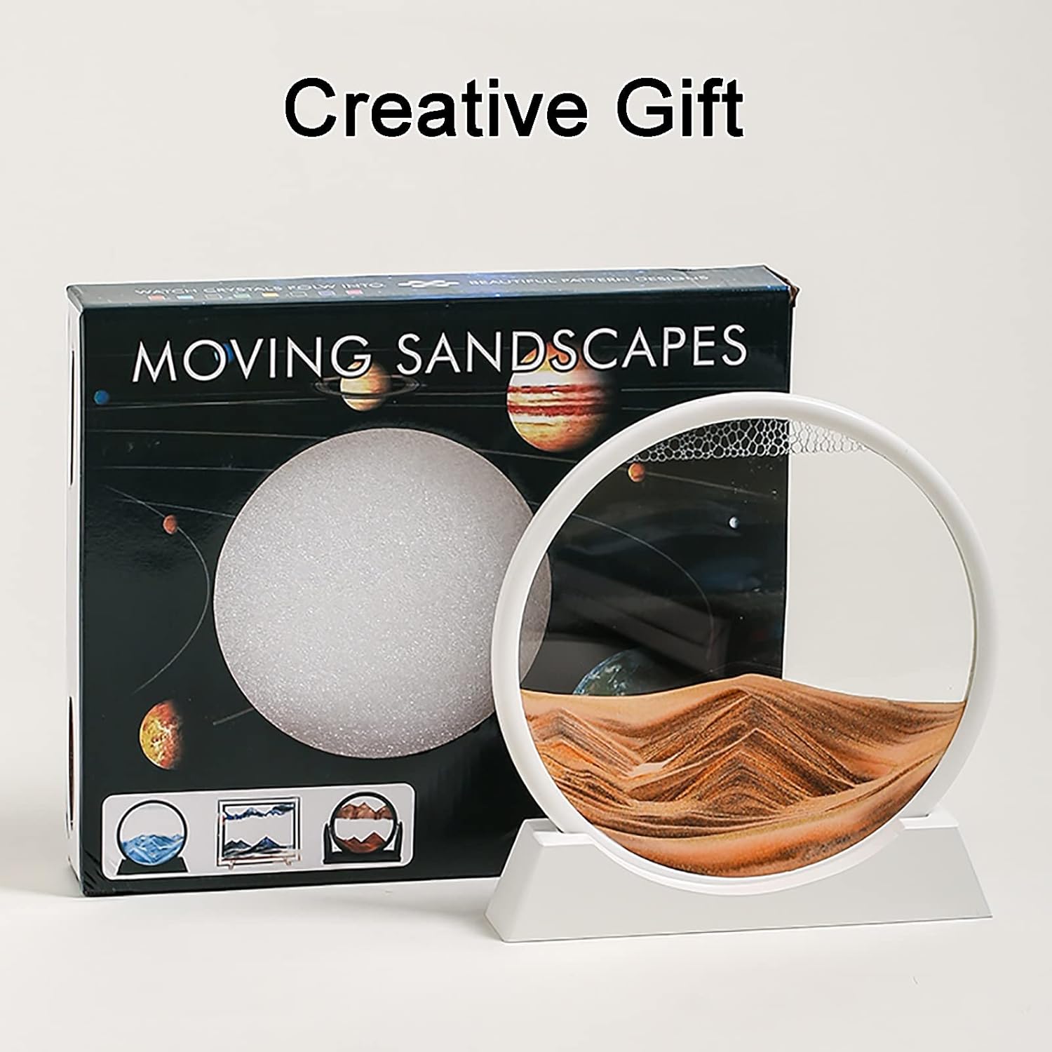 Moving Sand Art Picture Decor,Flowing Sand Painting Dynamic Sand Painting,Round 3D Deep Sea Sandscape Crafts,for Office Bookshelves Home Ornament Desktop Decoration Toy ( Color : Yellow with white )