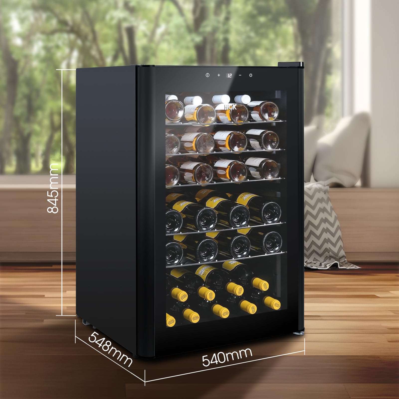 HCK Vinoteca, Nevera para Vinos 1 Zona de Refrigeración, 48 Botellas, 115 L, 4-22°C, Pequeña Nevera de 85 cm de Altura Con Panel Táctil, Silenciosa con Puerta de Vidrio, Negro