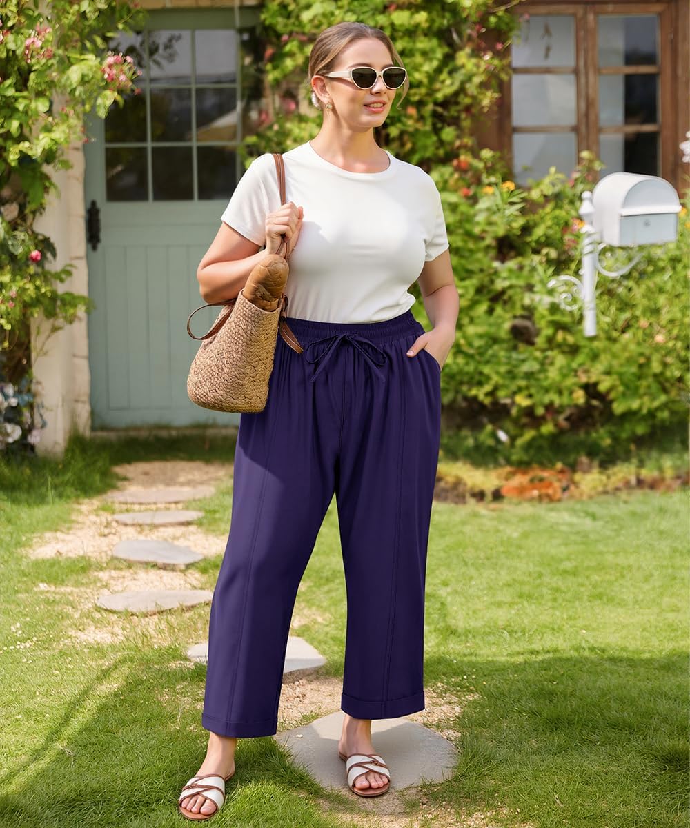 CARCOS Plus Size Pants for Women Summer Palazzo Harem Pants Drawstring Lantern Beach Ankle Pant Wide Leg Lounge Trousers - Image 3