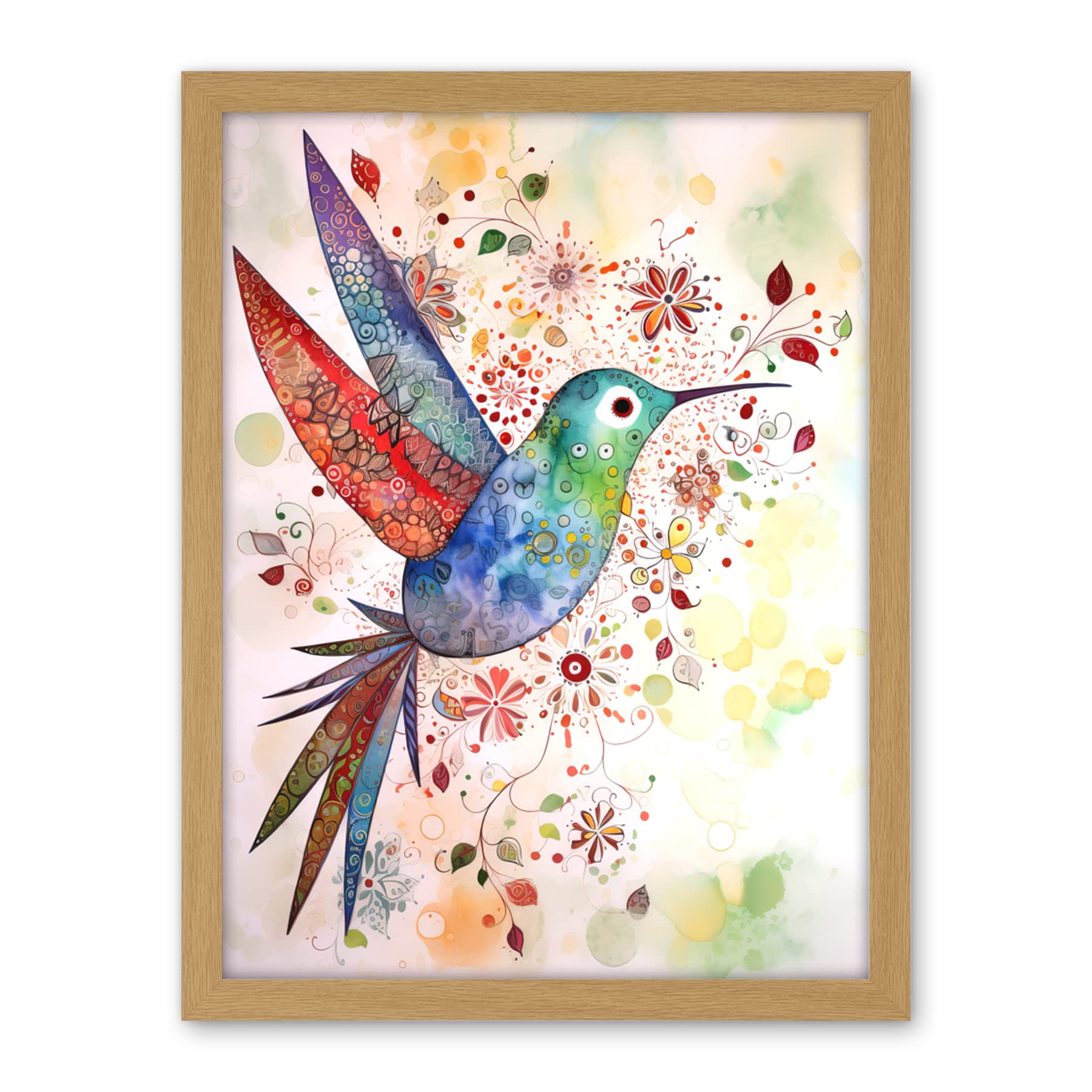 Artery8 Hummingbird With Flower Patterns Folk Art Watercolour Painting Artwork Framed Wall Art Print 18X24 Inch