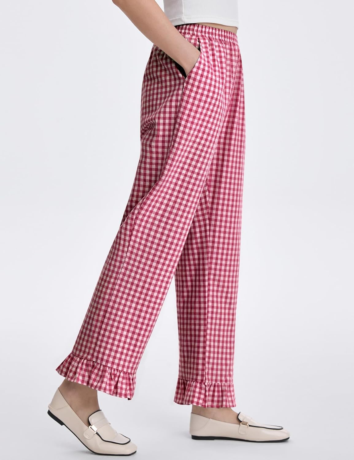 COZYPOIN Women's Gingham Pants Cotton Plaid Ruffle Hem Lounge Boxer Pant Y2K Pj Bottoms Casual Wide Leg Trousers with Pockets - Image 2