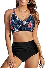 RITOSTA Maillot de Bain Femme 2 Pieces Taille Haute Bikinis Ventre Plat Maillots Deux Pièces Push Up Bikini Set Ruched Rembourré Swimwear Cross Beachwear