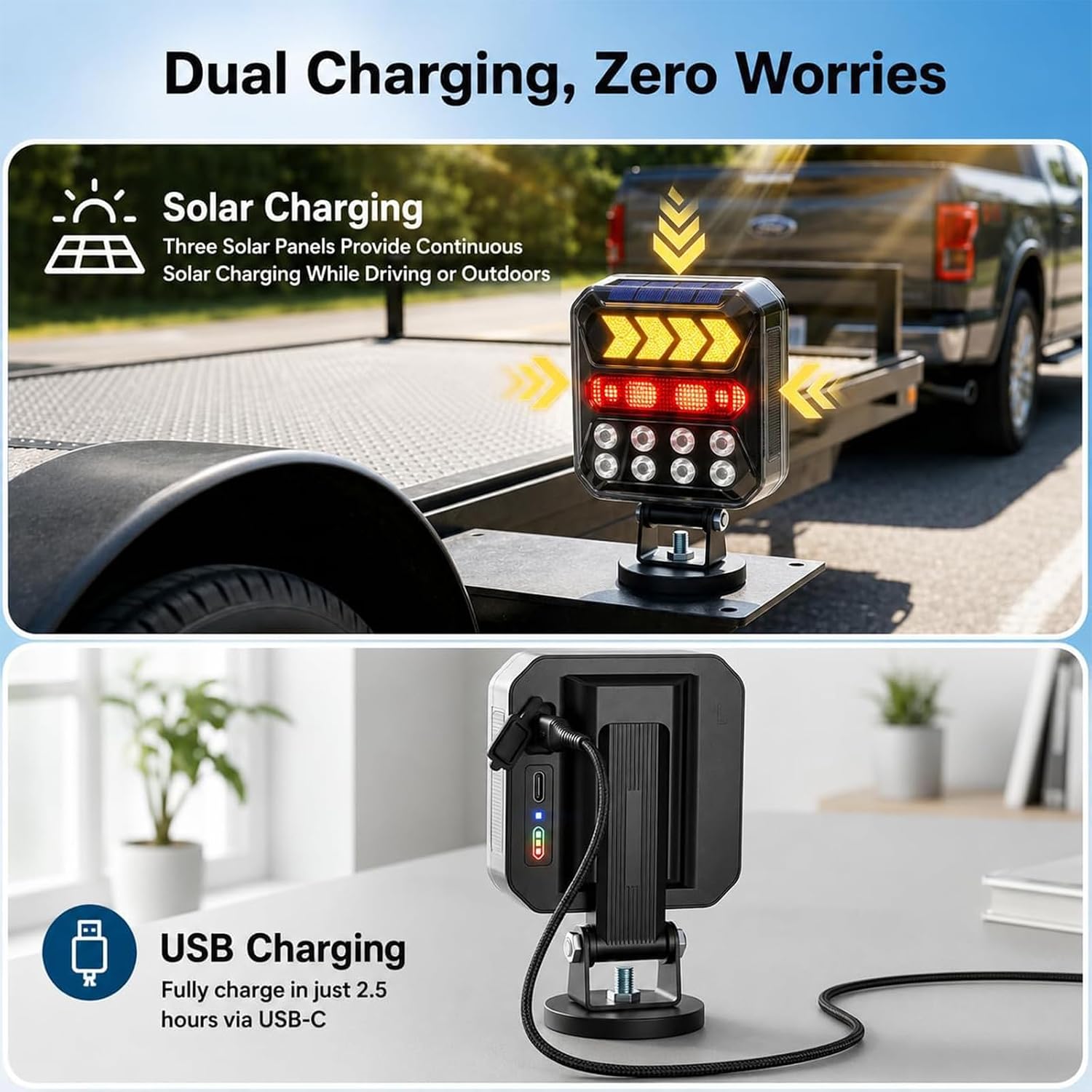 Wireless Trailer Lights, Solar Rechargeable Magnetic Tow Lights