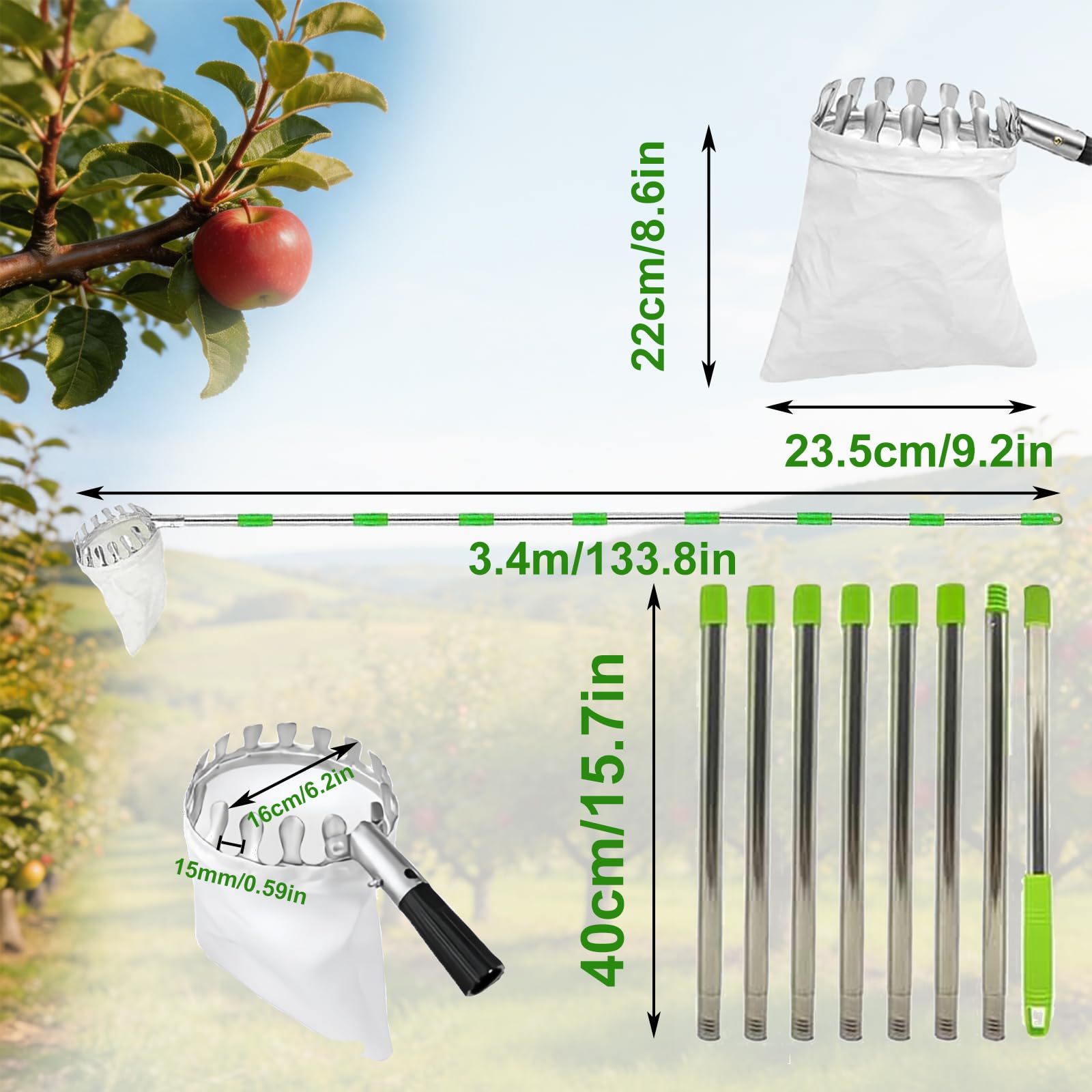 Raccoglifrutta Telescopico 3.2 m Diametro 16 cm, Raccogli Frutta con Palo in Acciaio Inox e Sacchetto Cotone, Raccogli Mele Ciliegie Agrumi Pere Pesche, Raccoglitore Frutta Regolabile
