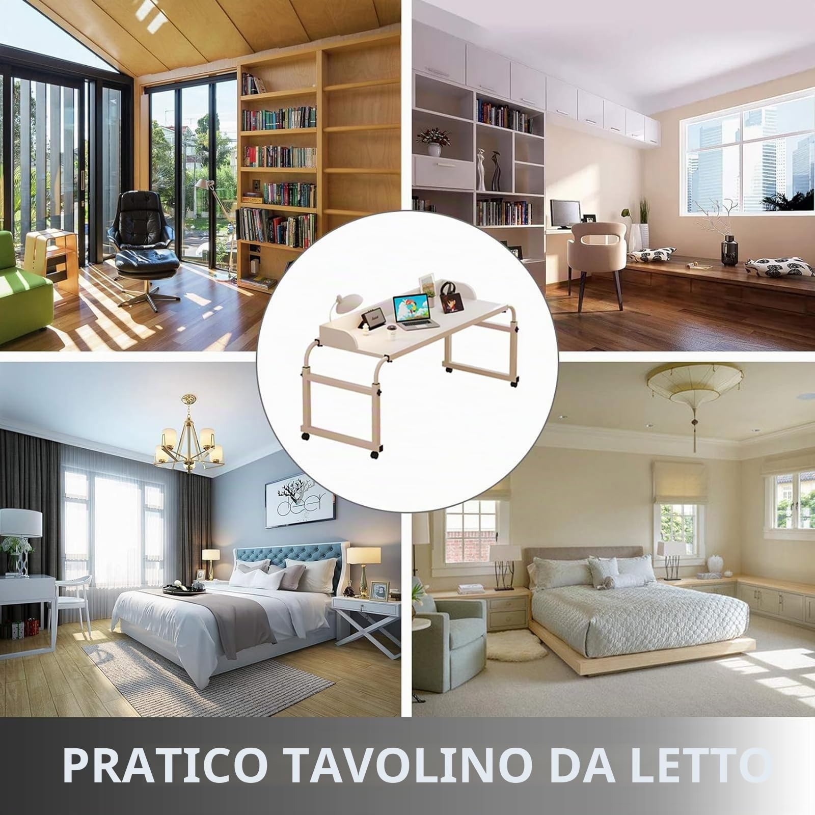 Tavolino da Letto Colazione Tavolo Letto Regolabile e Portatile,Tavoli per computer mobili regolabili lunghi 45.28"-82.68" con ruote scrivania portatile comoda per la lettura (Bianco)