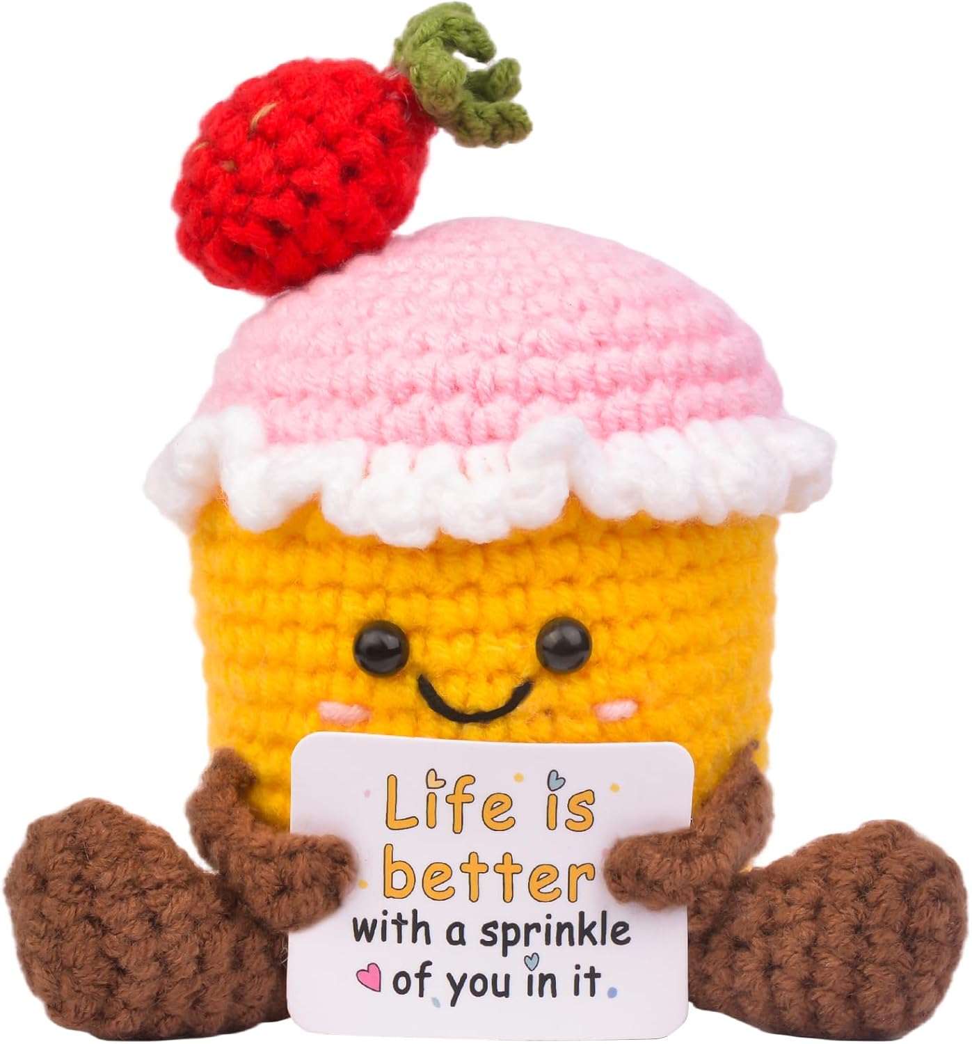 Positive Crochet Cupcake, Handmade Emotional Support Knitted Cupcake Friendship Gift with an Affirmation Card for Women, Friends, Coworkers, BFF Christmas or Birthday Gift