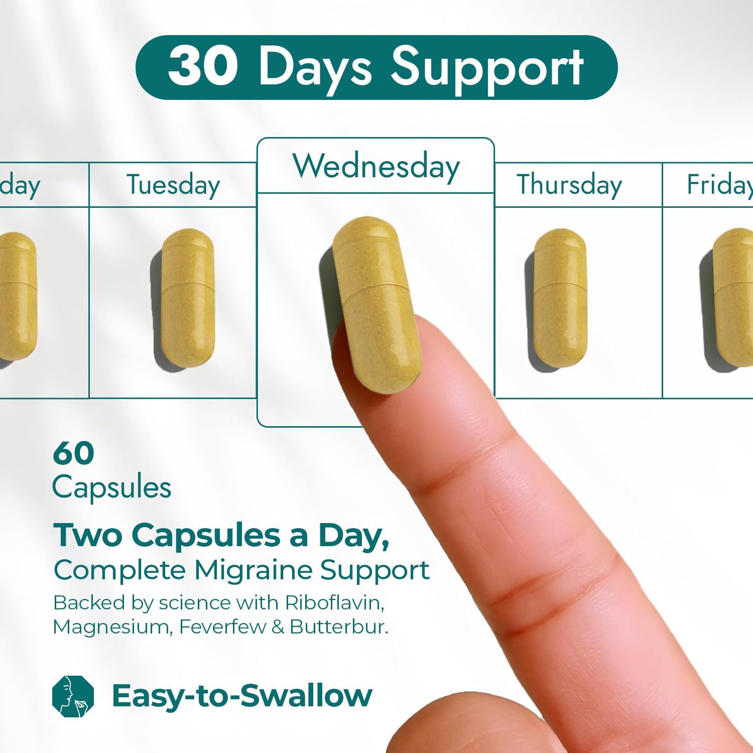 Nature's Nectar Migraine Prevention Feverfew Capsules – PA Free Butterbur Root, Riboflavin 400 mg, Magnesium & Feverfew – Natural Migraine Supplement – 60 Capsules - Image 4