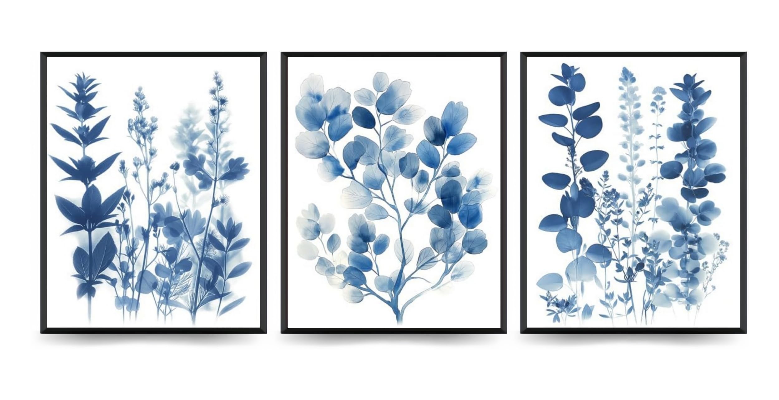 Linilioart 3 Piece Watercolor Wall Painting Blue Botanical Canvas Wall Art, Modern Eucalyptus Leaves Plant Artwork Bedroom Office, Unframed (30x40cm)