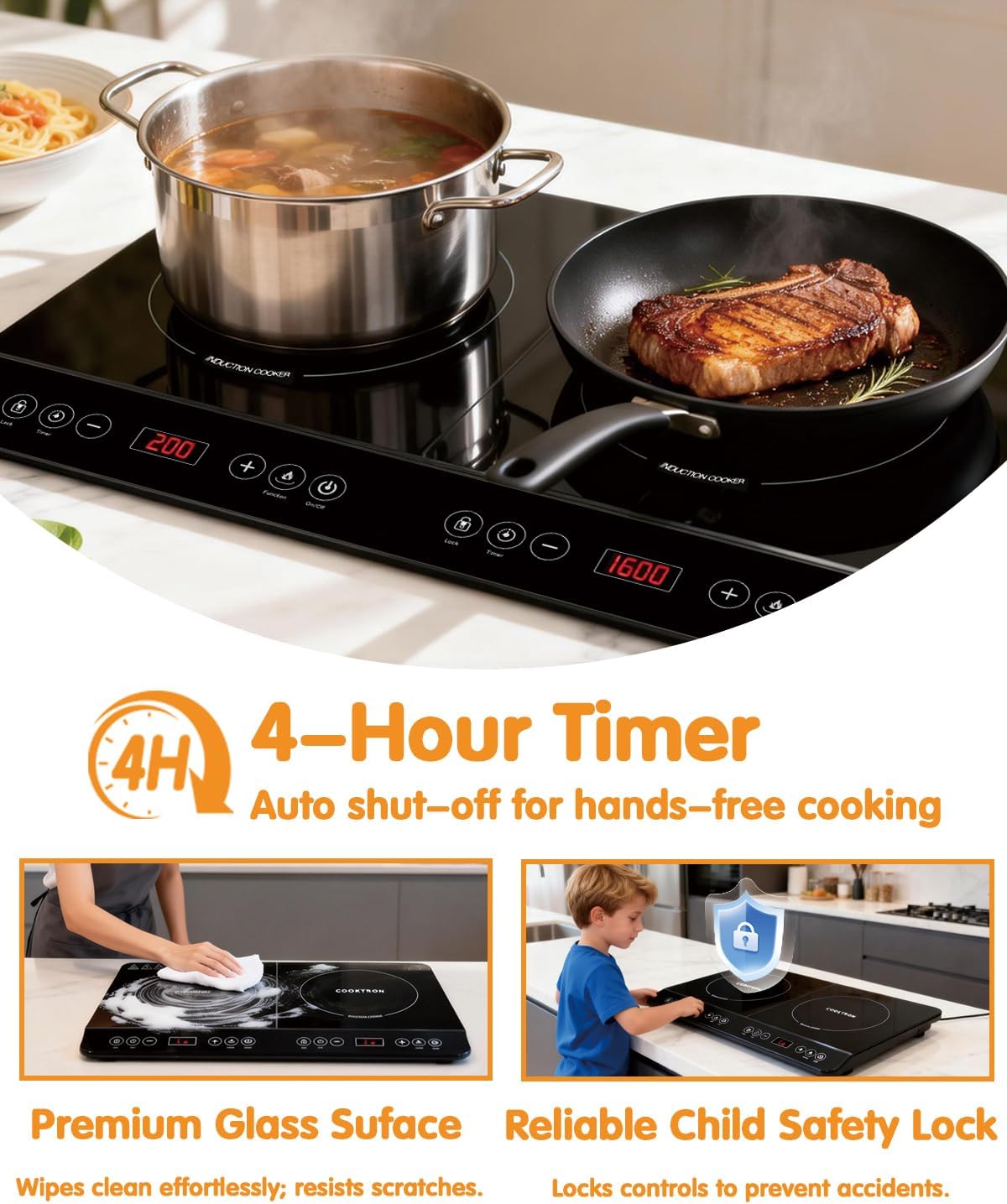 COOKTRON Double Induction Cooktop Timer and Child Safety Lock