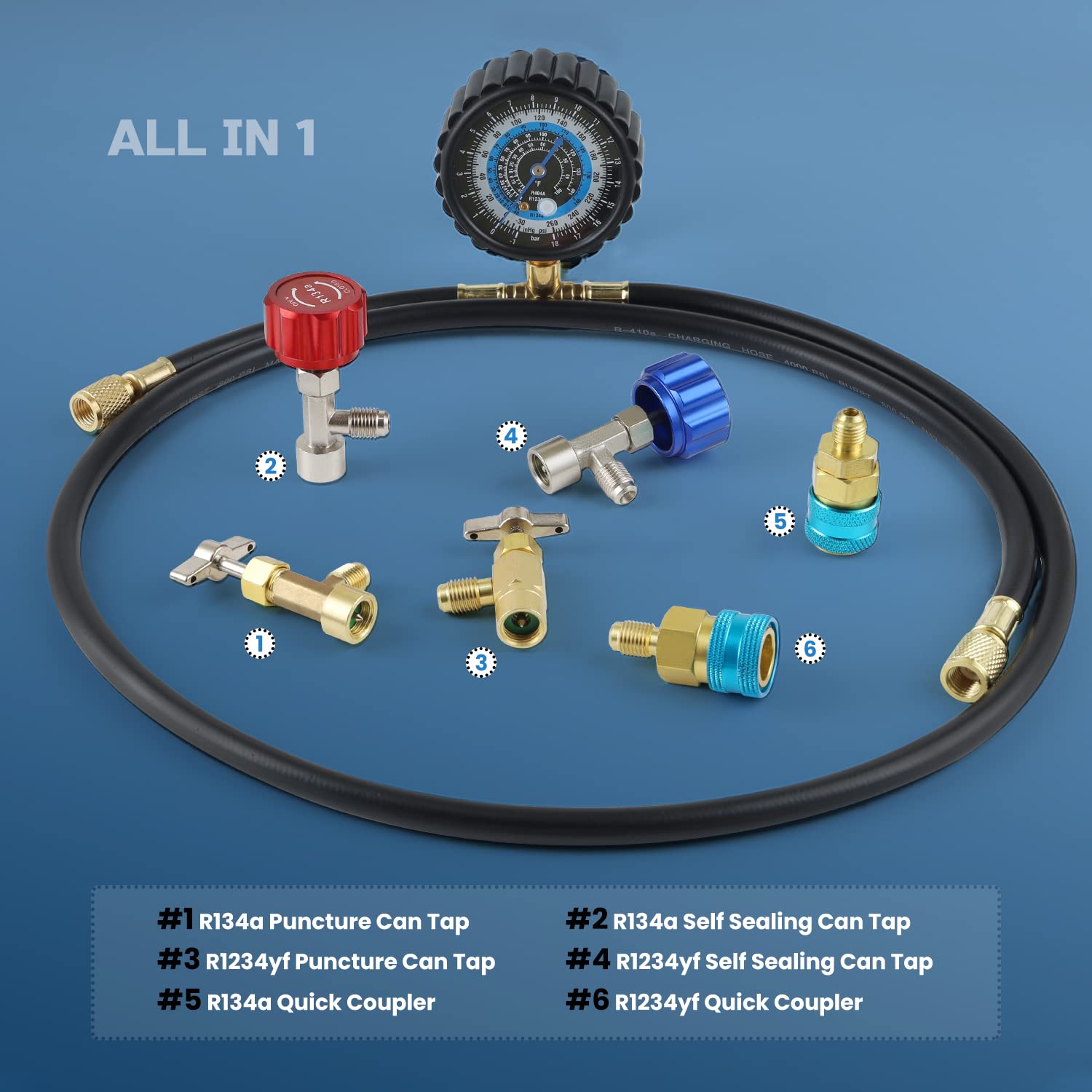 Lichamp R1234yf Refrigerant Recharge Kit, AC R134a 1234yf Gauge Set Include Adapters and Can Taps, B201