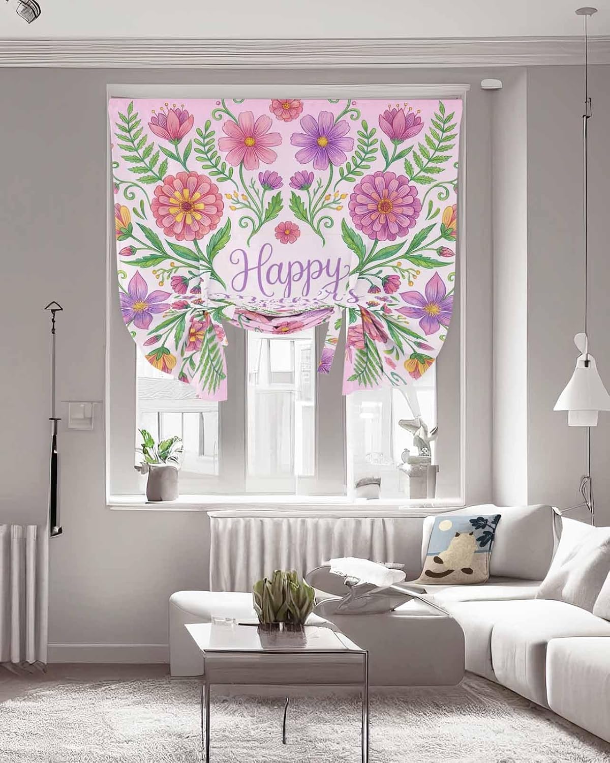 Tie Up Curtains for Windows, Happy Mother's Day Adjustable Balloon Nature Linen Textured Kitchen Curtain, Watercolor Flowers Floral Botanical Spring Thermal Insulated Curtains for Window, 42" x 54"