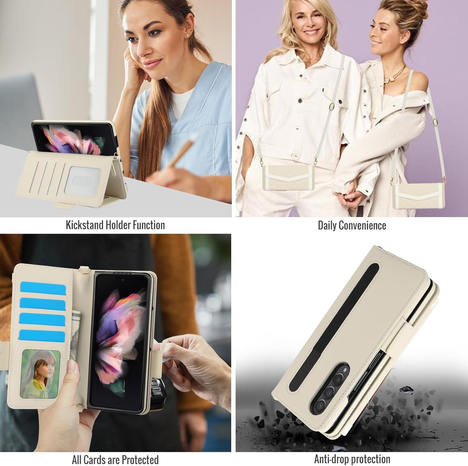 Asuwish Phone Case for Samsung Galaxy Z Fold 3 5G 2021 Wallet Cell Cover with RFID Blocking Credit Card Holder Slot Shoulder Crossbody Strap Stand ZFold3 Z3 Fold3 3Z ZFold35G Women Men Girls Off White