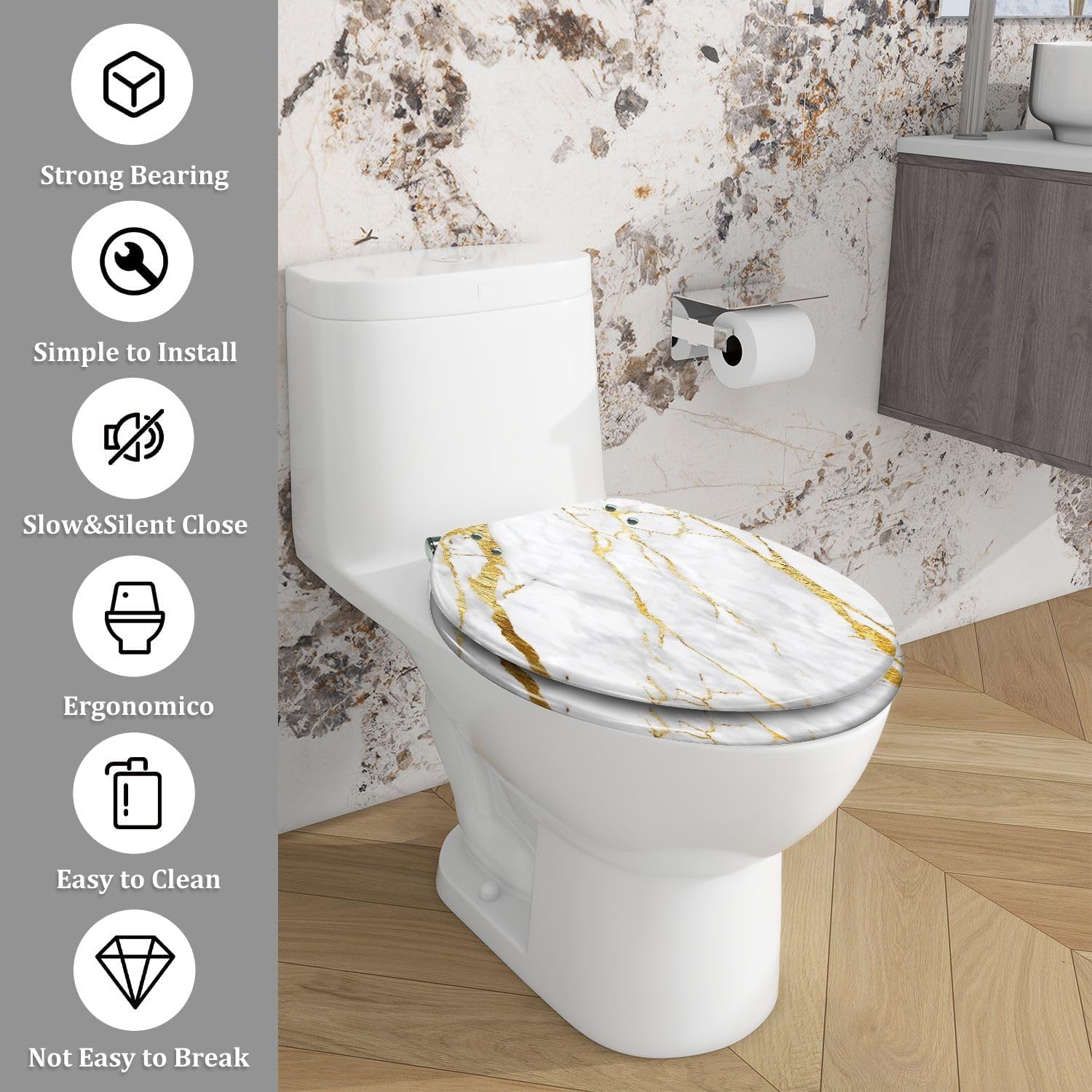 Elongated Toilet Seat White gold marble luxury wall texture shine golden line abstract Art Resin Toilet Seat Easy to Install Quietly Close Quick Release Hinges Decorative Toilet Seat with Cover