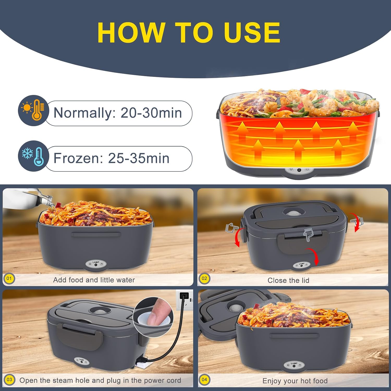Electric Lunch Box Food Heater for Adults 80W Portable Food Warmer for Car/Home 1.5L Heated Lunch Box for Adults, 12V/24V/110V Loncheras para Hombres de Trabajo lonchera eléctrica portátil, view 4