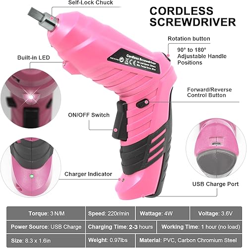 Miniatura 10 de Destornillador eléctrico inalámbrico, destornillador eléctrico recargable de 3.6 V con 47 accesorios, carga USB, pistola de tornillo de 3 Nm, mini