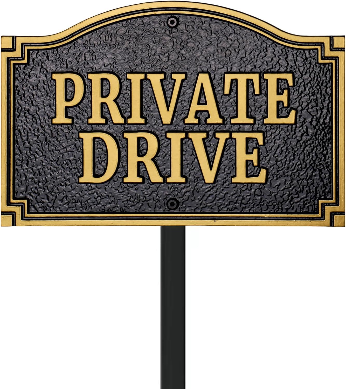 Private Drive Statement Plaque, Solid Metal Cast,Private Road/Driveway Sign, Heavy-duty Material, Golden Embossed Letters,11.5"×7.5" with 31.5" Stakes