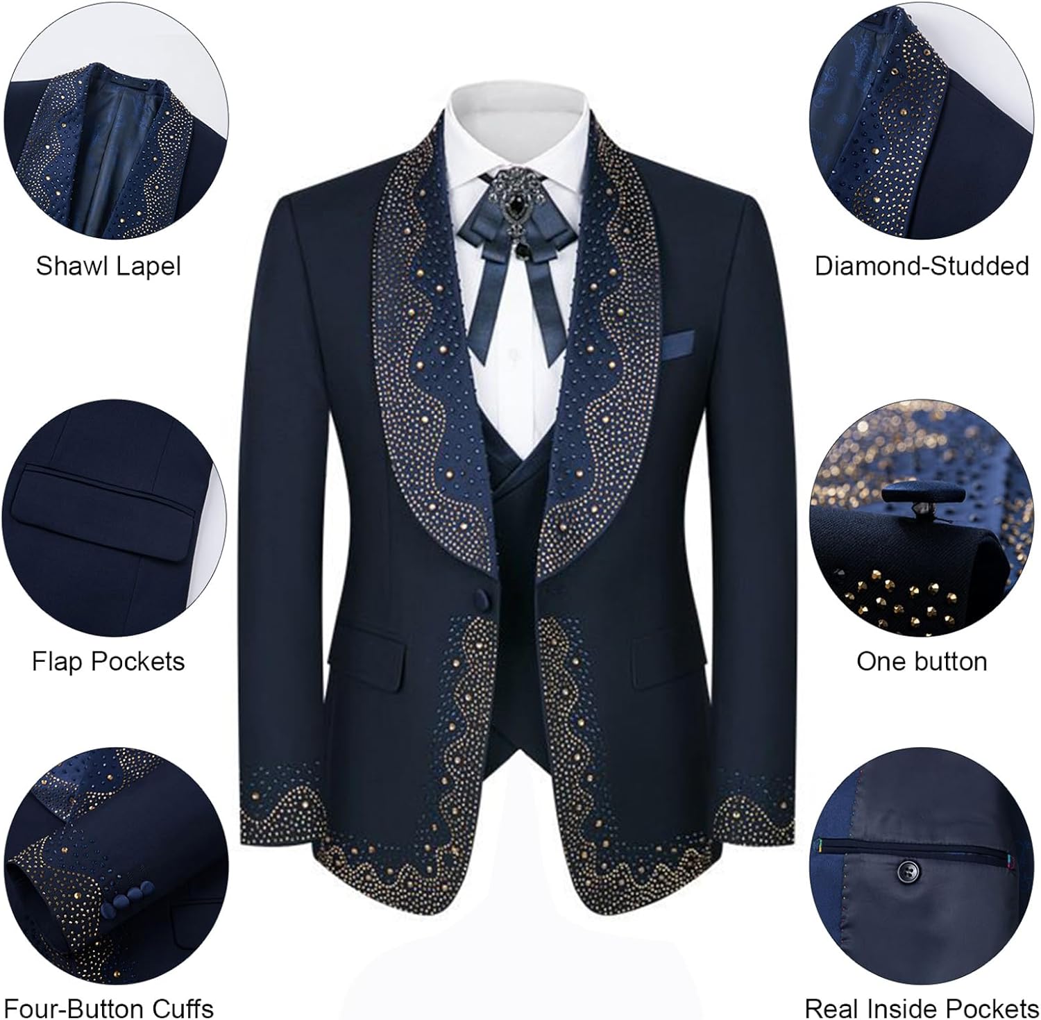Mens Luxury 3 Pieces Suit with Rhinestone Slim Fit Shawl Lapel Blazer Jacket Vest Pants Set for Prom,Party,Dinner - Image 3