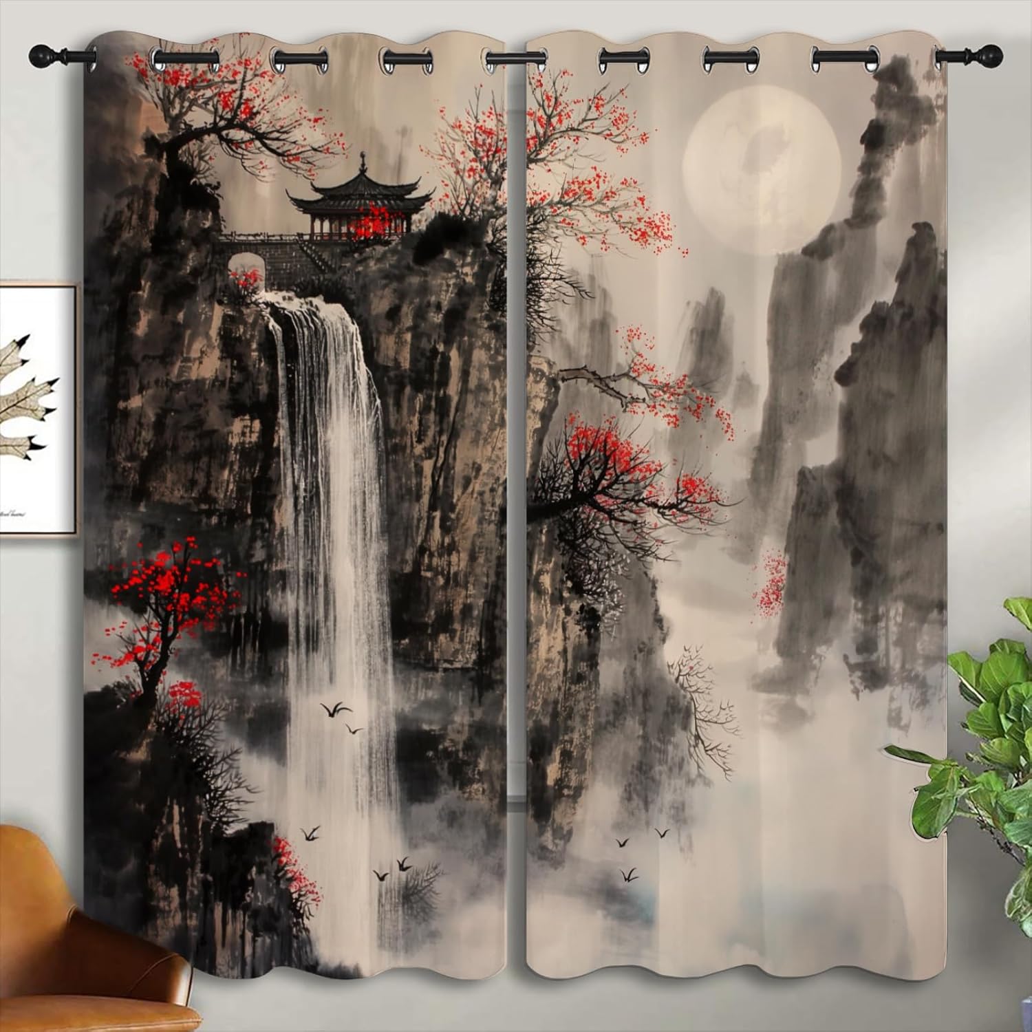 Japanese Blackout Curtains for Boys Girl Bedroom Home Decor, Asian Style Plum Blossom Red Sun Retro Ink Painting Thermal Insulated Grommet Darkening Living Room Window Drapes, 63 x 63 inch