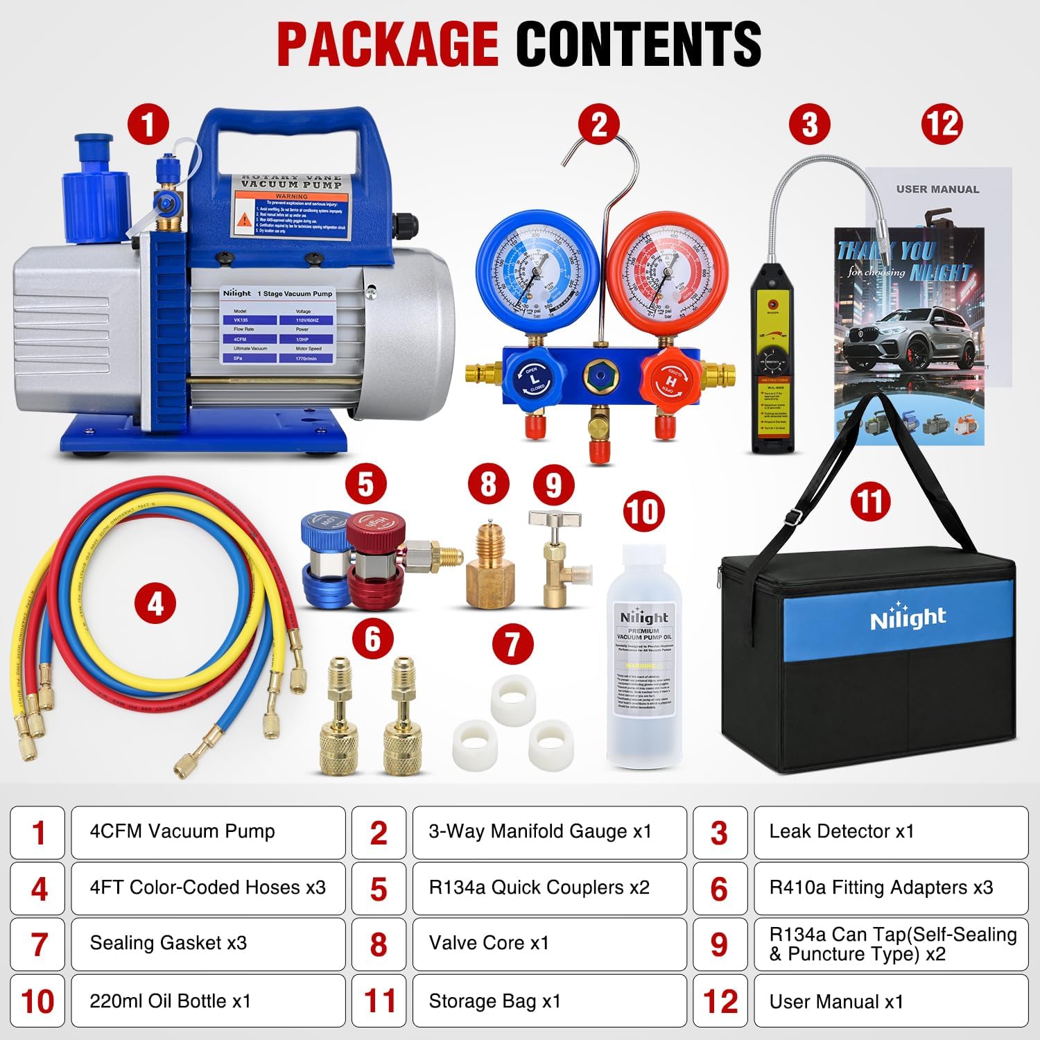 Nilight HVAC Vacuum Pump Kit 4 CFM 1/3 HP Single Stage R134A R22 R410A