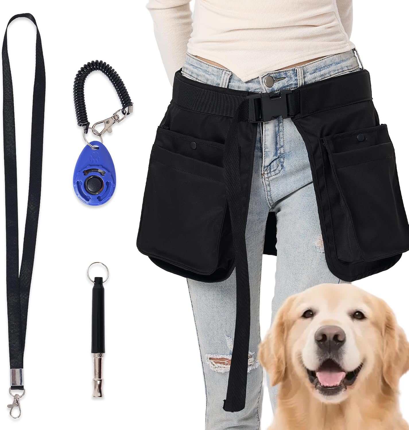 Dog Training Vest with Clicker and Whistle, Pet Handler Waist Treat Pouch for Men and Women, Walking, Hiking, Travel, Dog Training Essentials, Hand Free Waist Belt Clip - Black