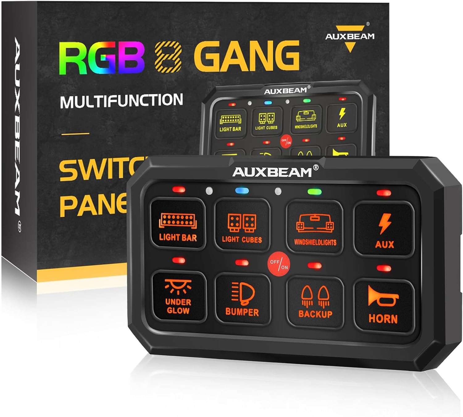 Auxbeam 12 Gang Switch Panel RB120 Toggle Momentary Pulsed RGB Dimmable Switch Panel Multifunction Two Sided Output Marine Control Panel IP65 Waterproof for Car Boat RV, 2 Years Warranty