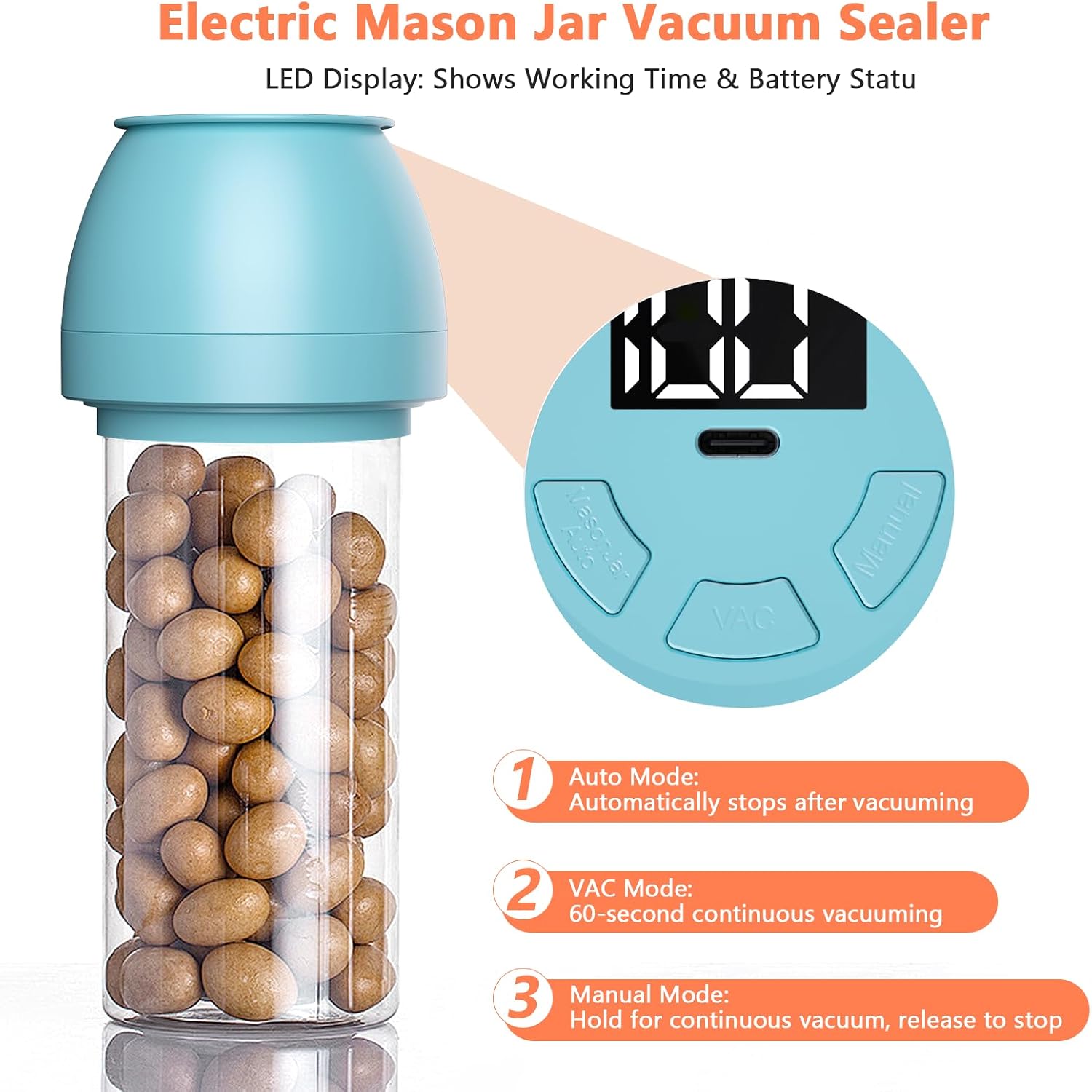 Zivif Electric Mason Jar Vacuum Sealer Kit for Wide & Regular Mouth Jars, Automatic Jar Sealer for Food Storage & Fermentation, Includes 10 Mason Jar Lids, Blue