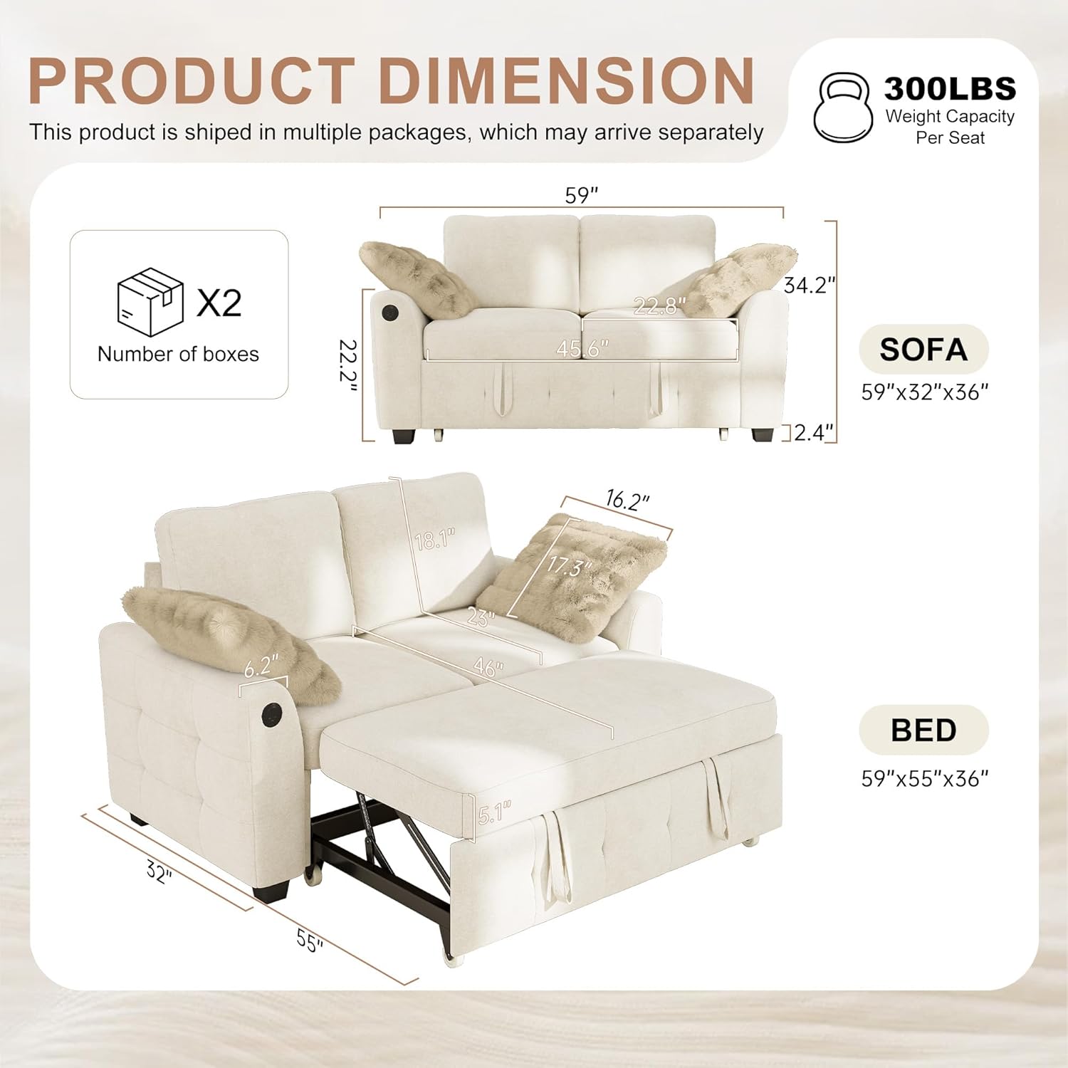 Hanherry 59" Loveseat Sofa with Pull Out Couch Bed, Chenille 2-in-1 Convertible 2 Seater Sleeper Sofa with USB Charging,Comfy Love Seat for Small Spaces Living Room Apartment