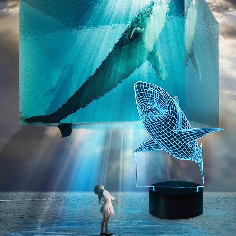 YiaMia LED Night Light 3D Shark Lamp Multi 7 Color Changing Touch Switch Optical Table Lamp USB Powered for Home Room Bar Party Festival Decor Kids Room Decoration