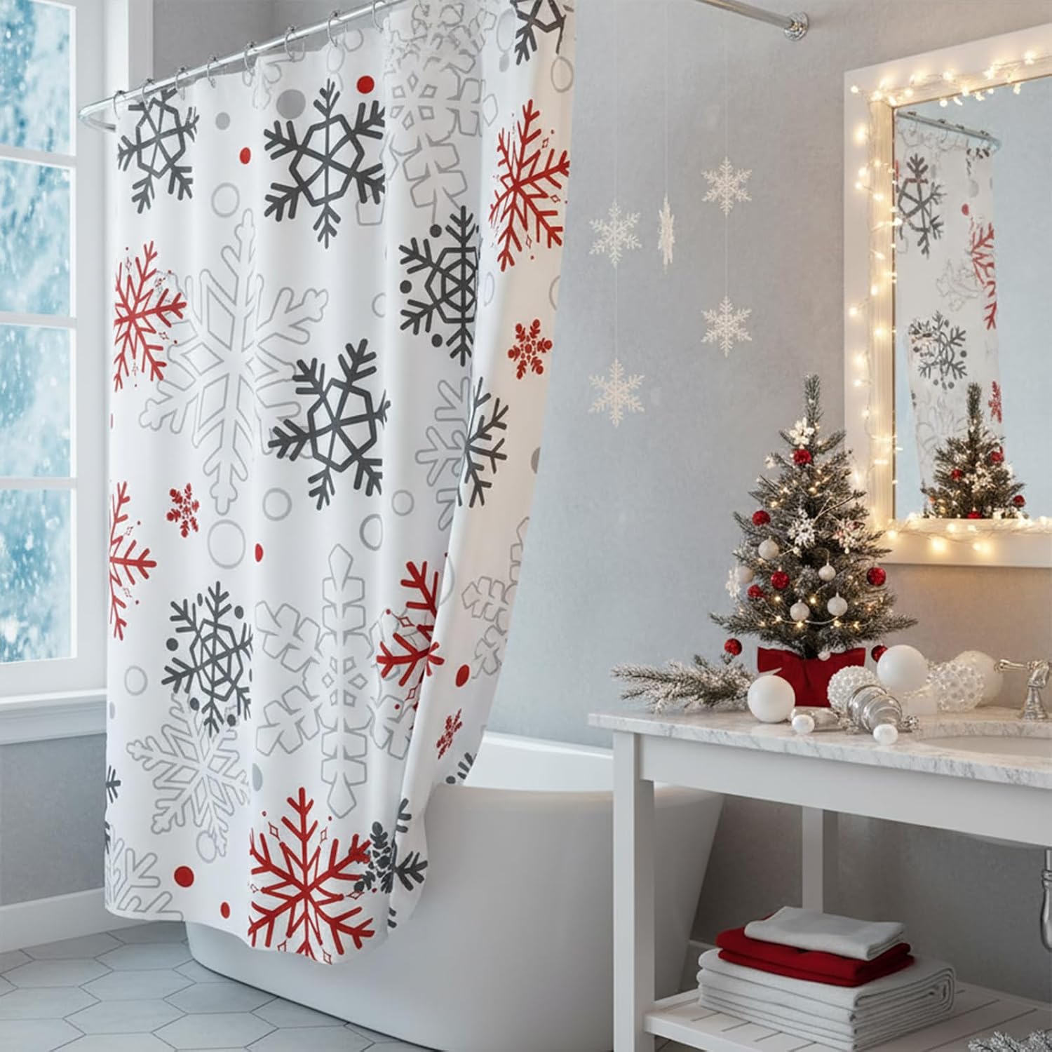 Christmas Snowflakes Shower Curtain, Red and Grey Snowflake Winter Bathroom Curtains Waterproof Fabric Bath Curtain 72x72 Inch with 12 Hooks