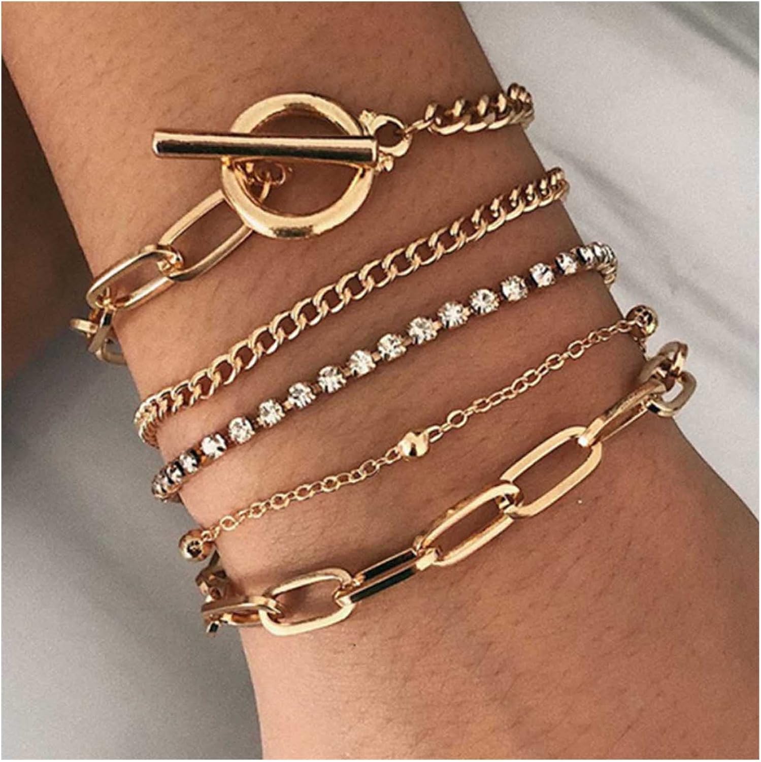 Andelaisi Boho Crystal Tennis Bracelet Layered Cuban Chain Bracelet Vintage Chunky Link Chain Bracelet Punk Paperclip Toggle Bar Bracelet Jewelry for Women - Image 2