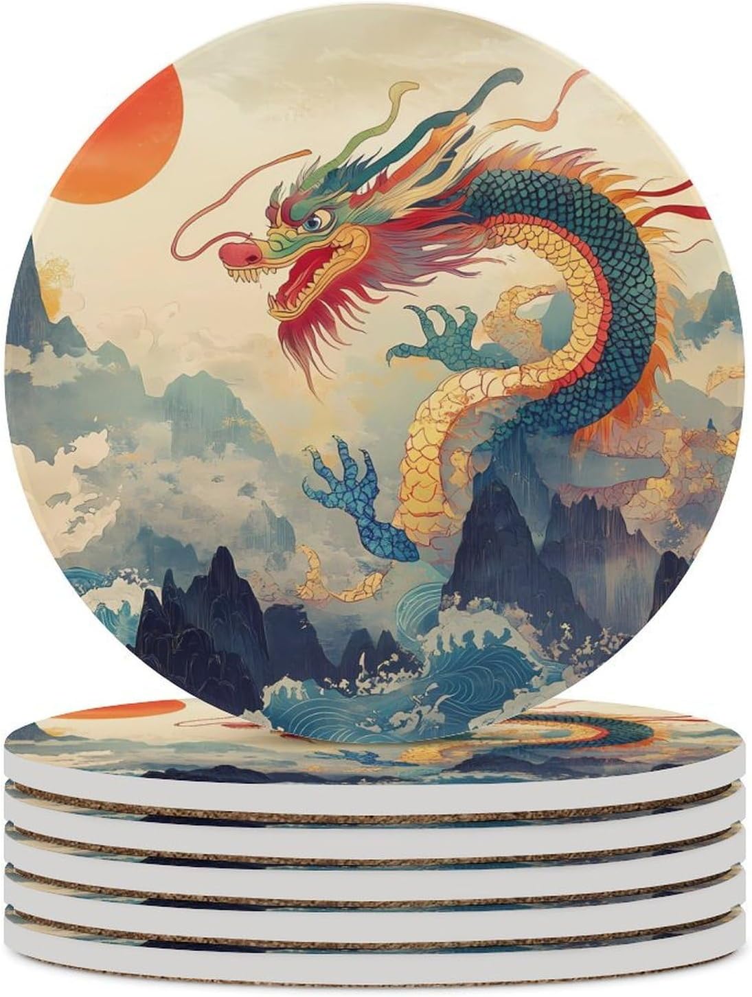 Chinese Dragon Sun Round Ceramic Coasters for Drinks Absorbent Cup Holder Tabletop Protector with Cork Base